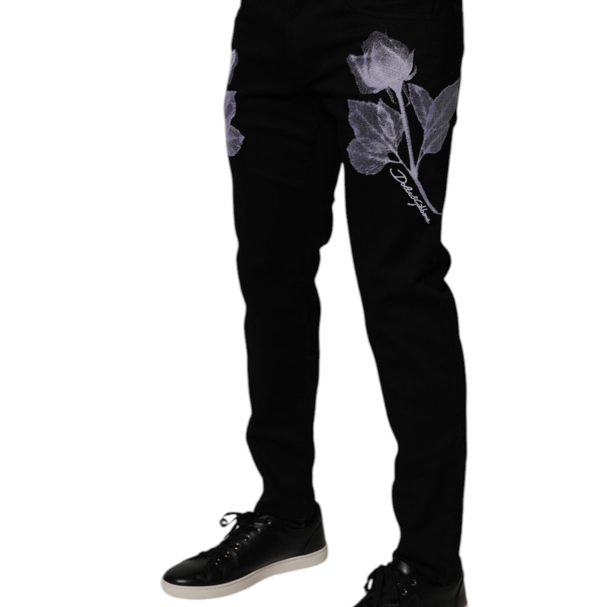 Dolce & Gabbana Black Floral Cotton Skinny Men Denim Jeans