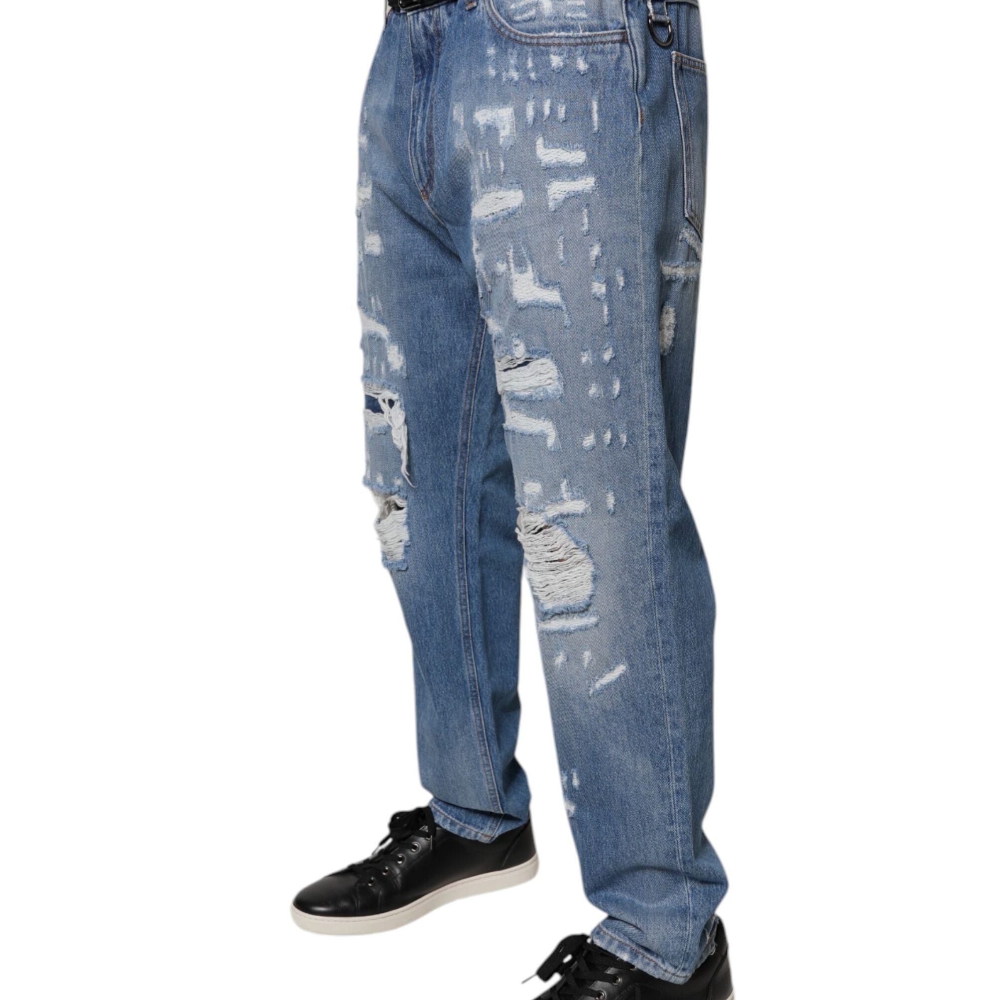 Dolce & Gabbana Blue Tattered Straight Cotton Denim Jeans