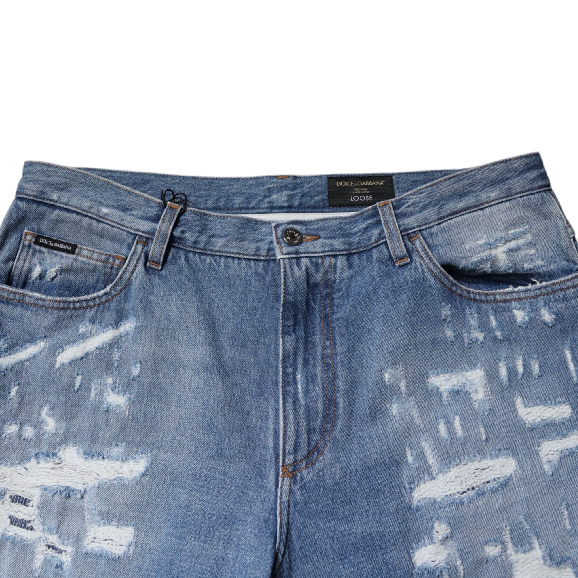 Dolce & Gabbana Blue Tattered Straight Cotton Denim Jeans