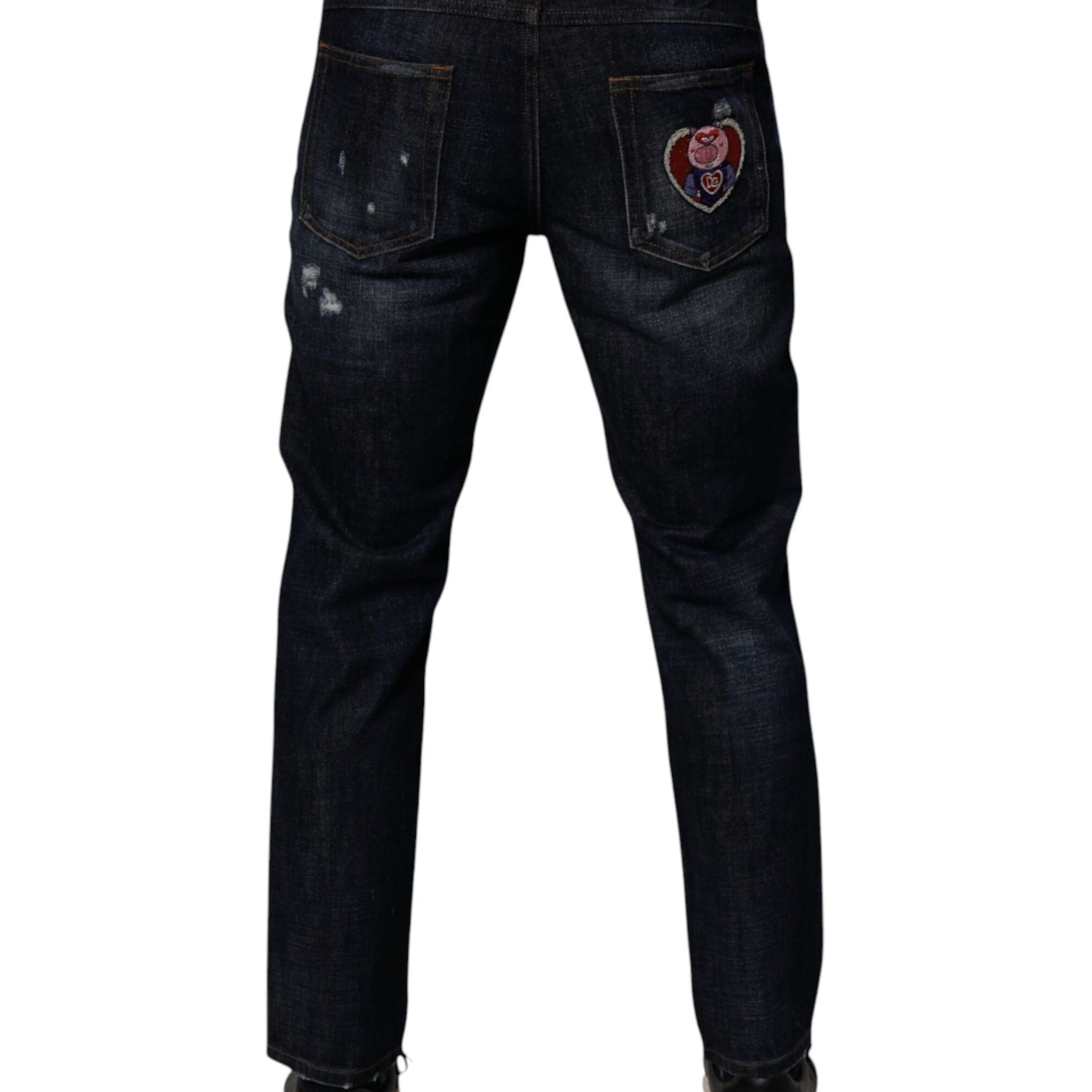 Dolce & Gabbana Dark Blue Cotton Tattered Skinny Denim Jeans