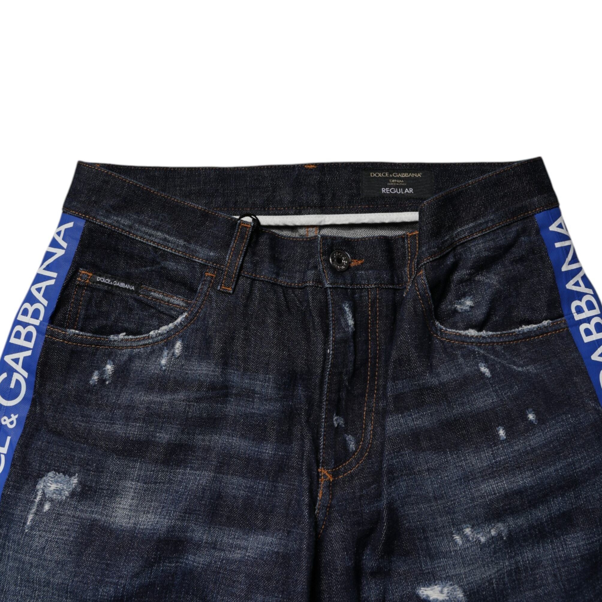 Dolce & Gabbana Dark Blue Cotton Tattered Skinny Denim Jeans