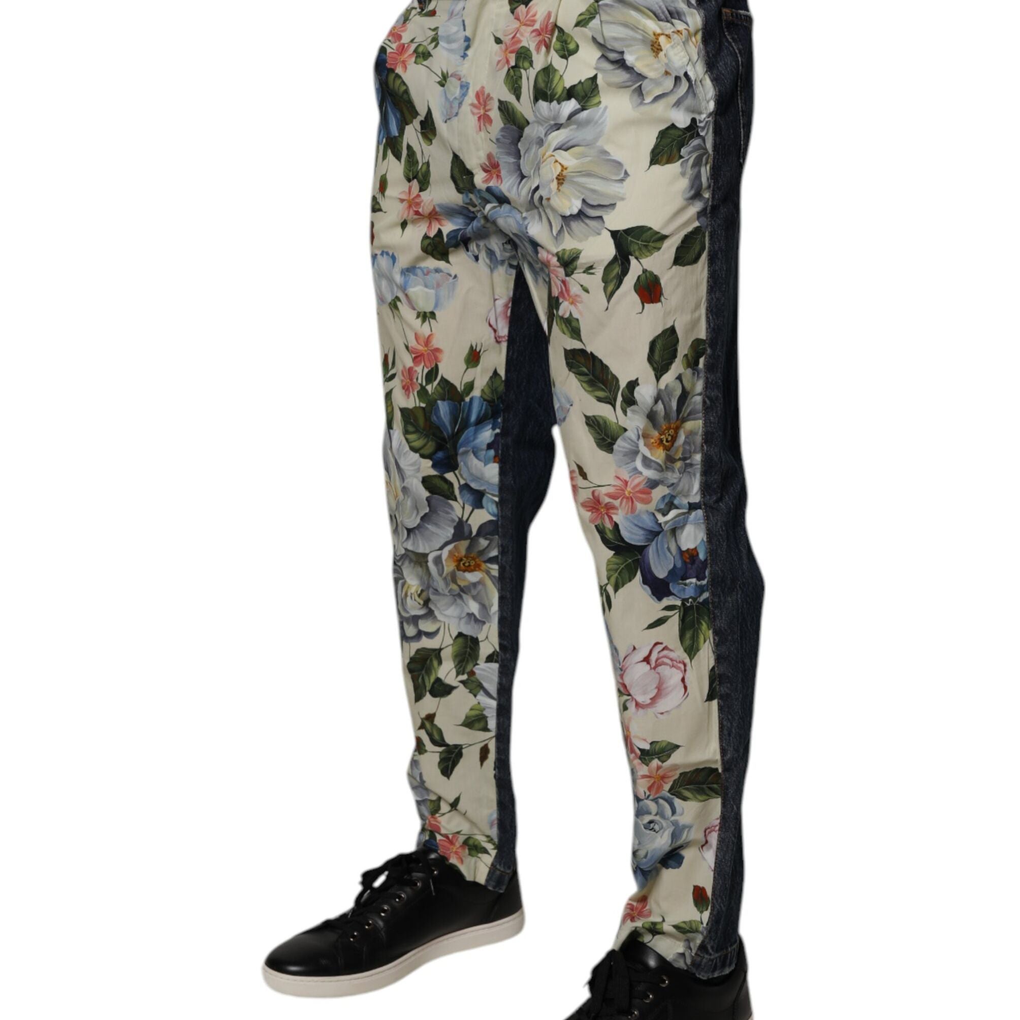 Dolce & Gabbana Beige Blue Floral Cotton Men Denim Jeans