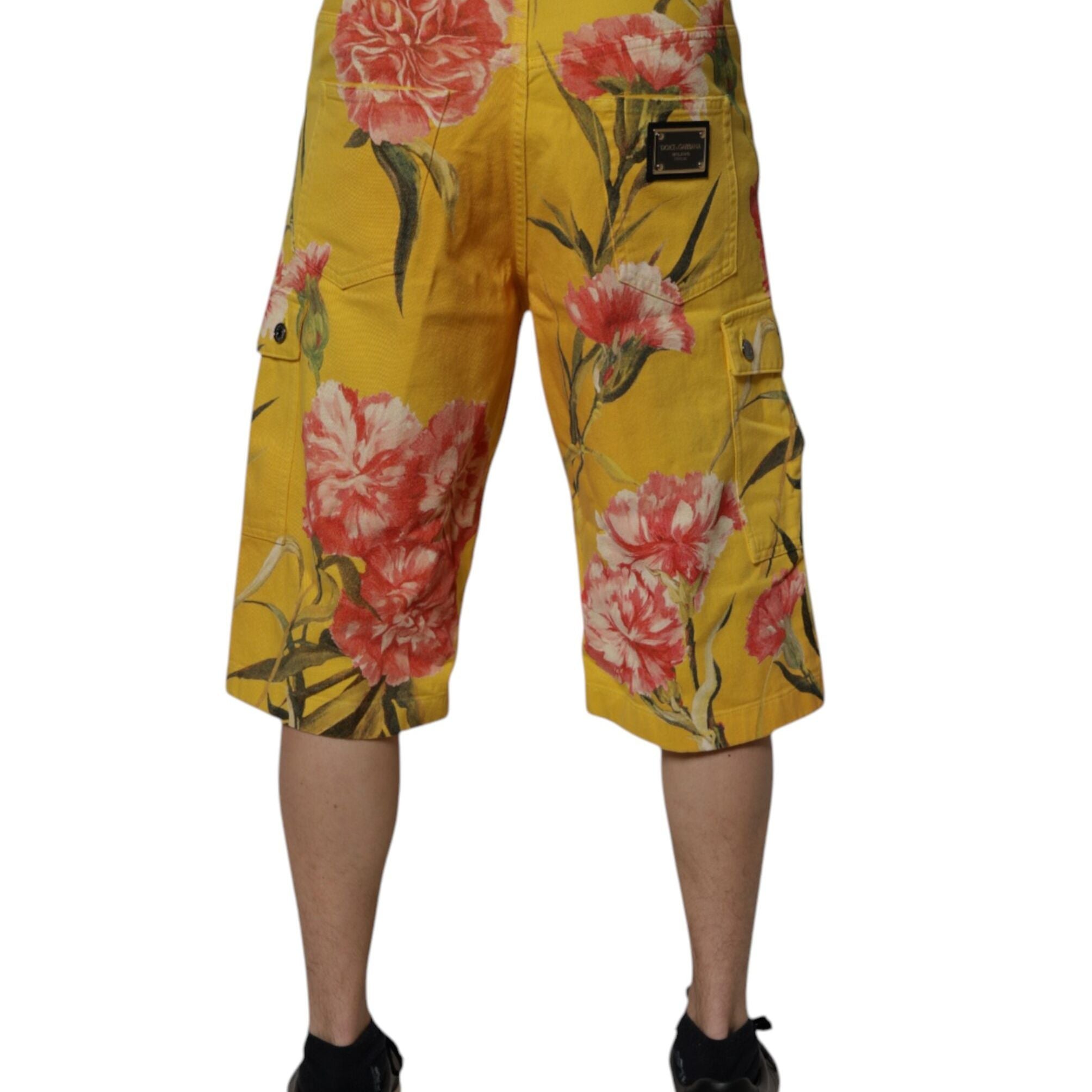 Dolce & Gabbana Yellow Floral Cargo Denim Men Bermuda Shorts