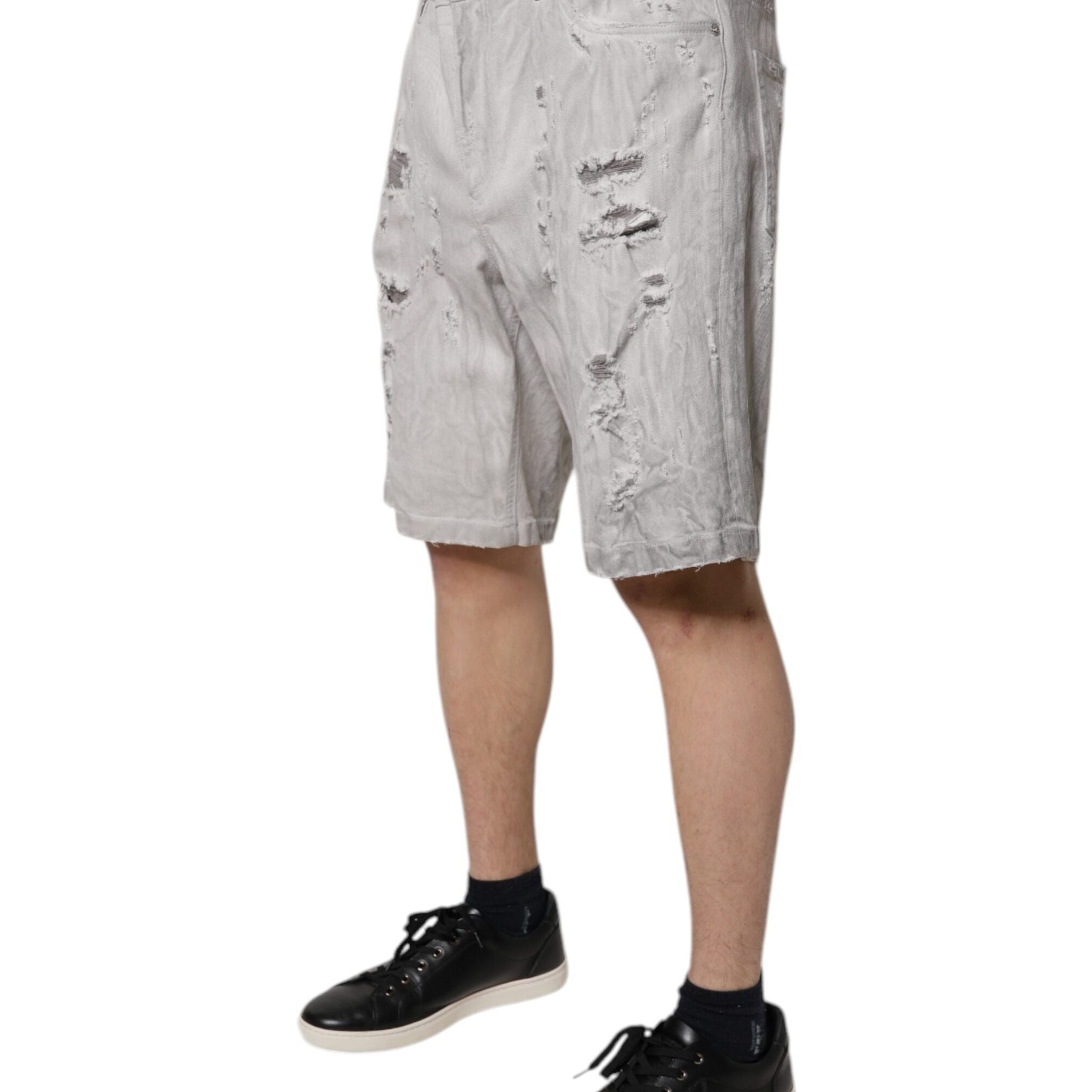 Dolce & Gabbana Light Gray Tattered Men Denim Bermuda Shorts