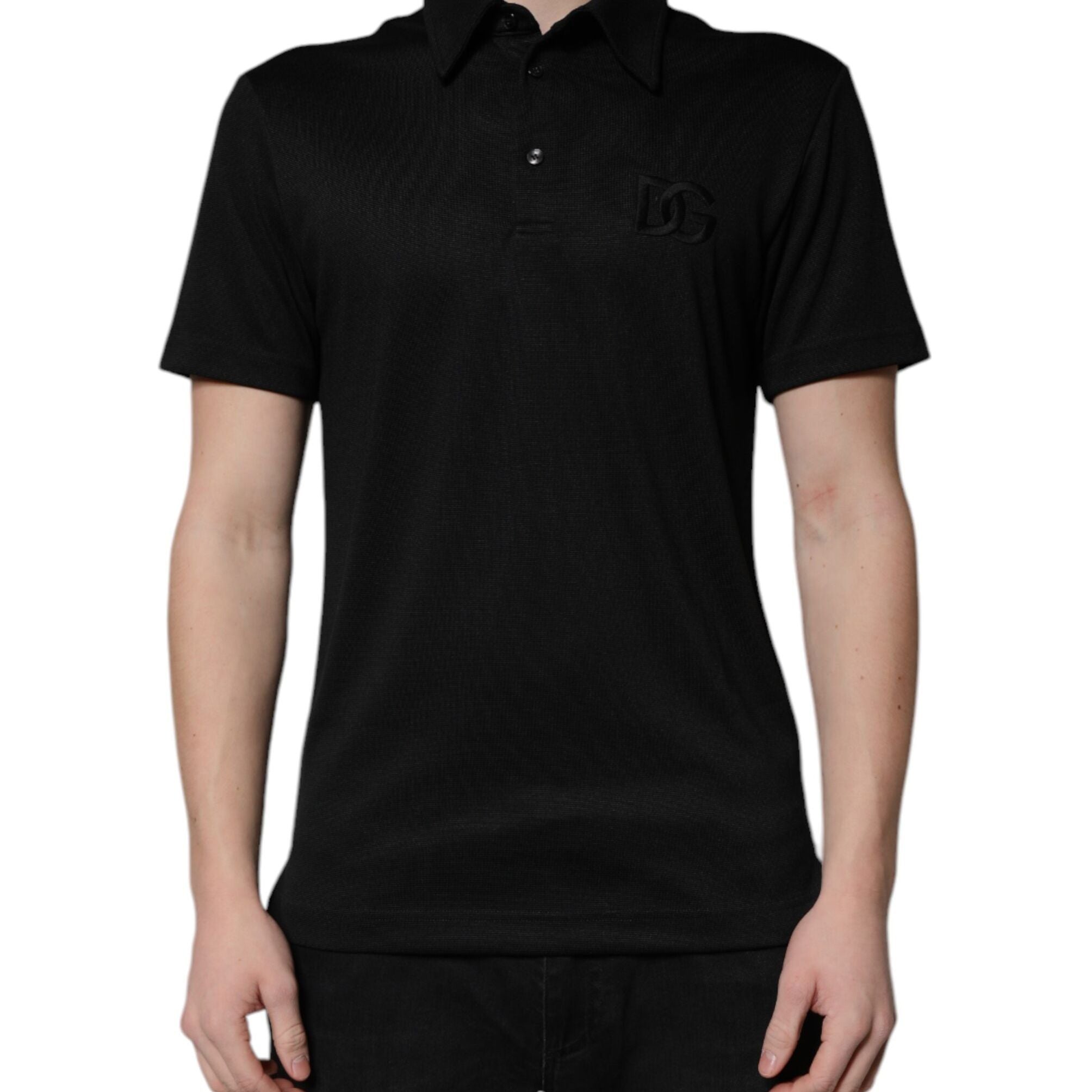 Dolce & Gabbana Black Polyester DG Logo Collared Polo T-shirt