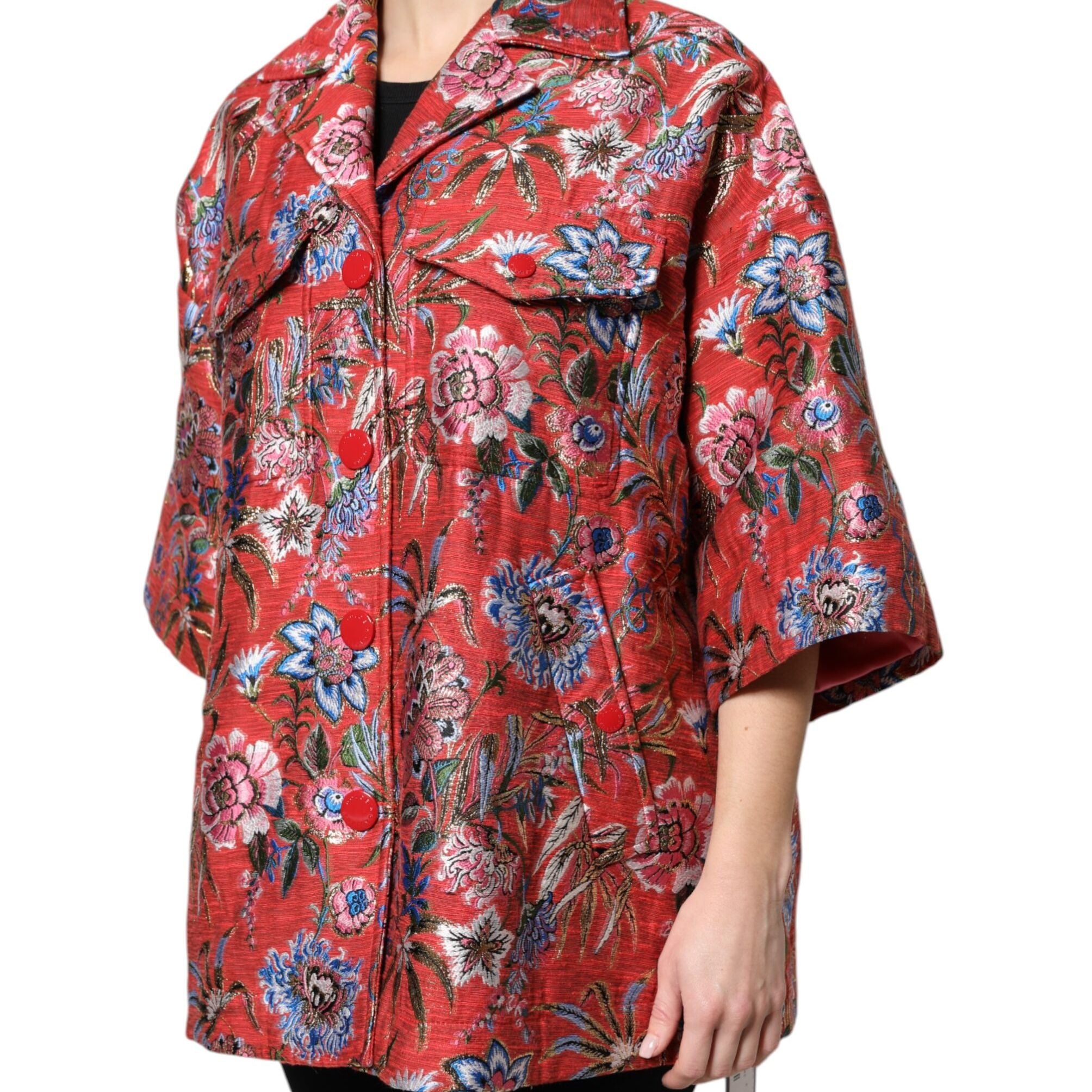 Dolce & Gabbana Red Floral Jacquard Button Down Coat Jacket