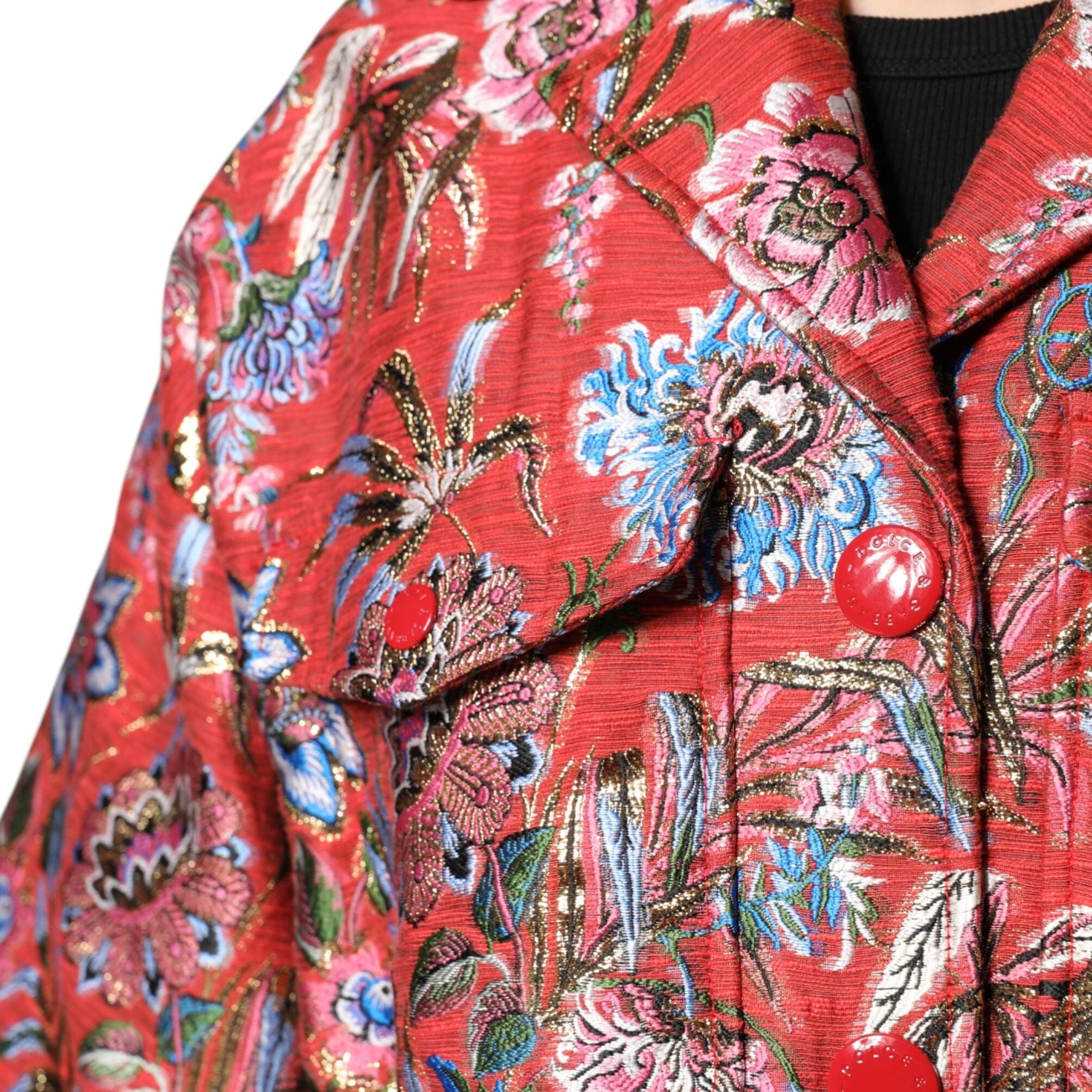 Dolce & Gabbana Red Floral Jacquard Button Down Coat Jacket