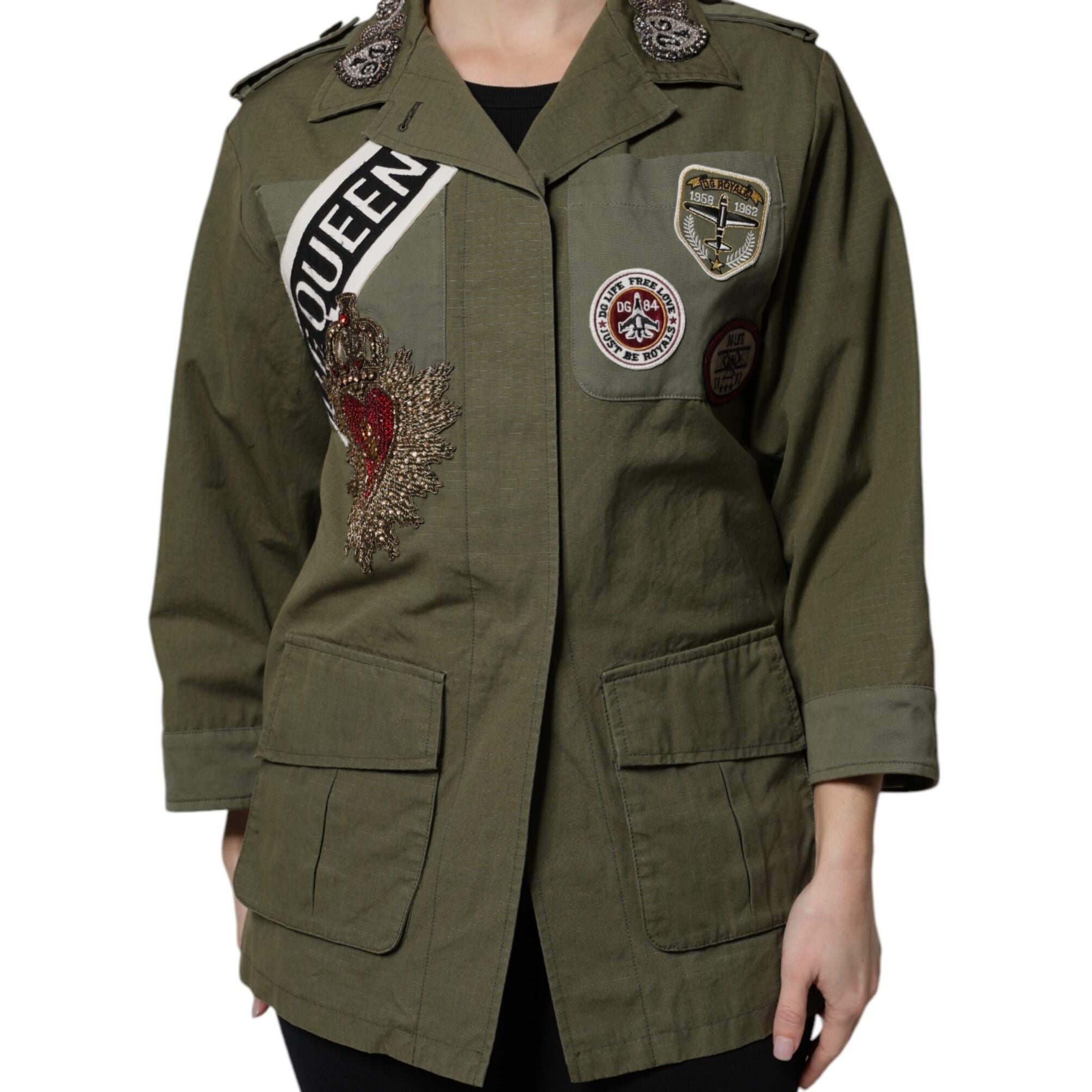 Dolce & Gabbana Military Green Queen Embellished Coat Jacket