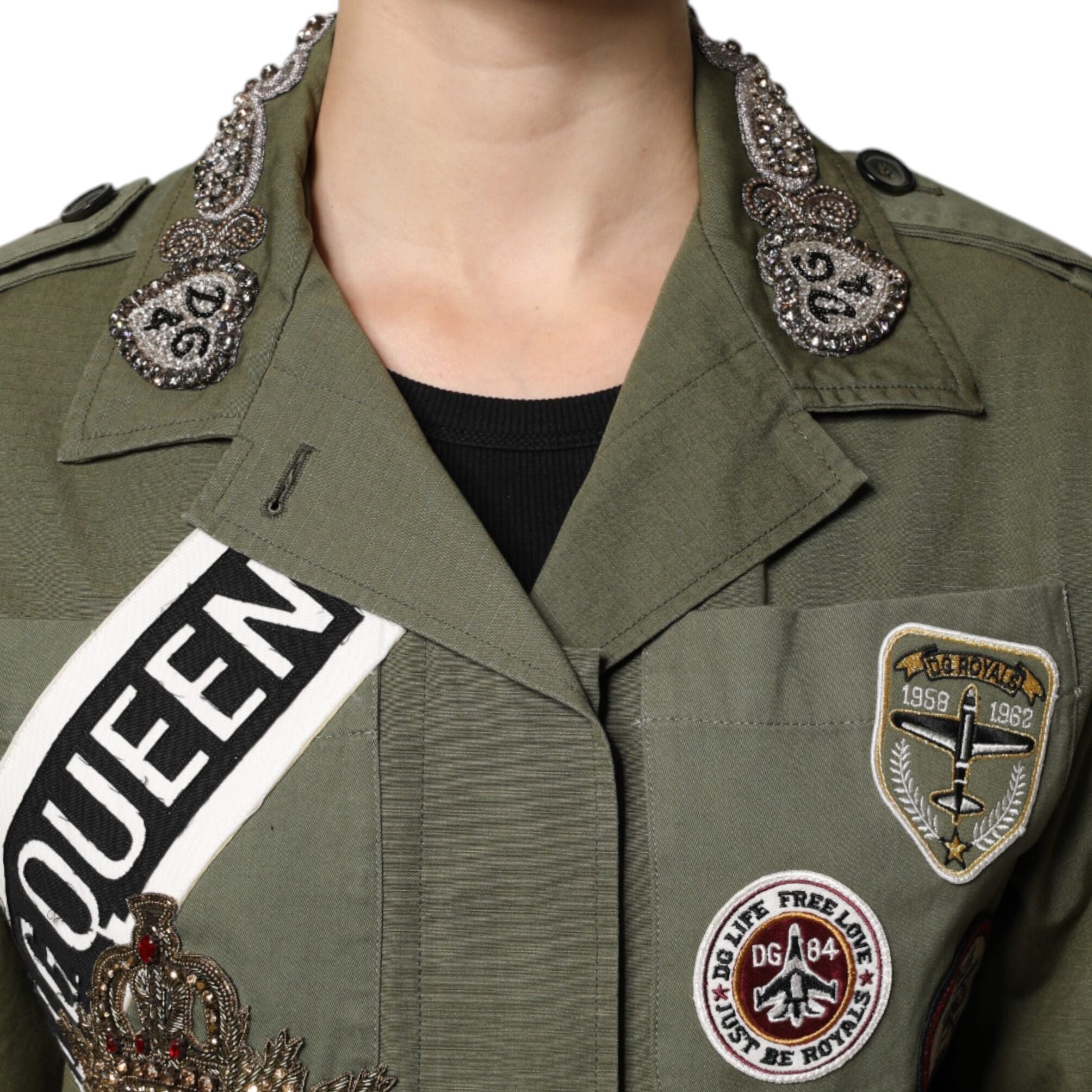 Dolce & Gabbana Military Green Queen Embellished Coat Jacket