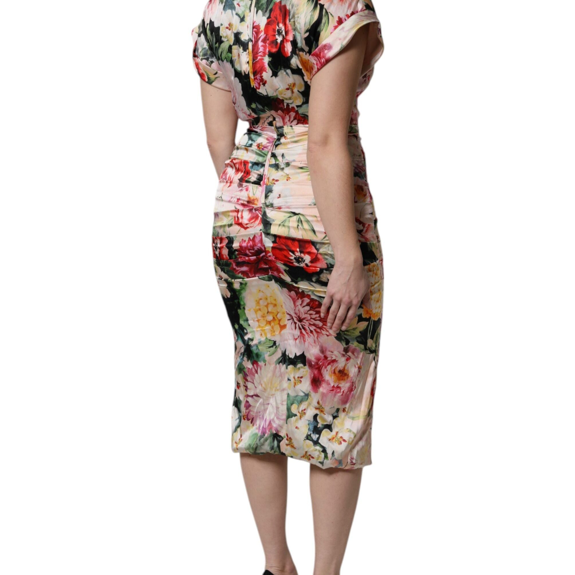 Dolce & Gabbana Multicolor Floral Short Sleeves Sheath Midi Dress