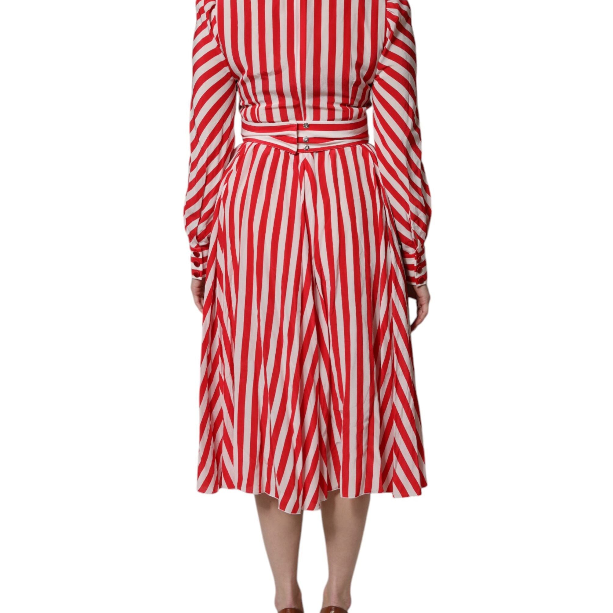 Dolce & Gabbana White Red Stripes Long Sleeves Midi Dress