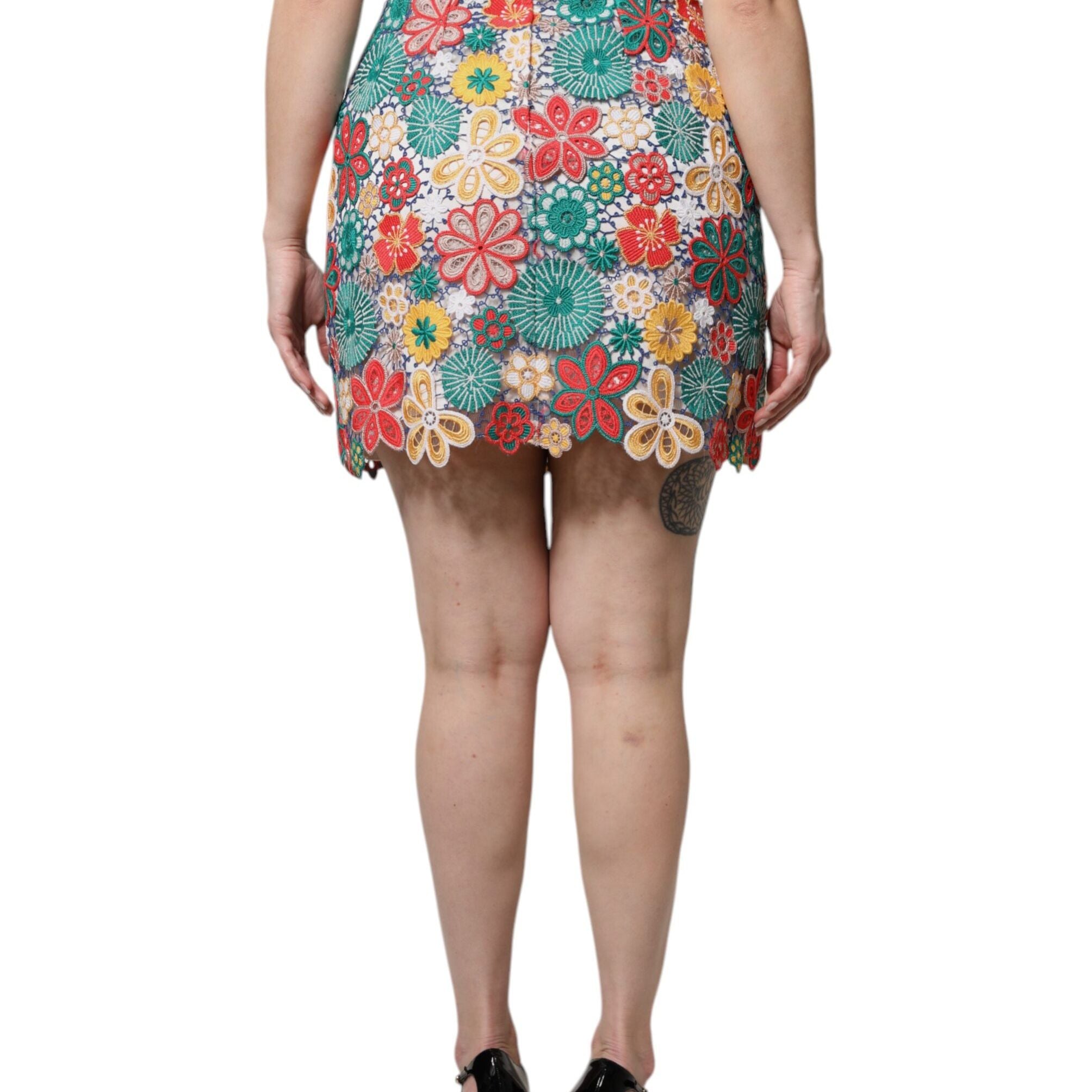 Dolce & Gabbana Multicolor Floral Lace High Waist Mini Skirt