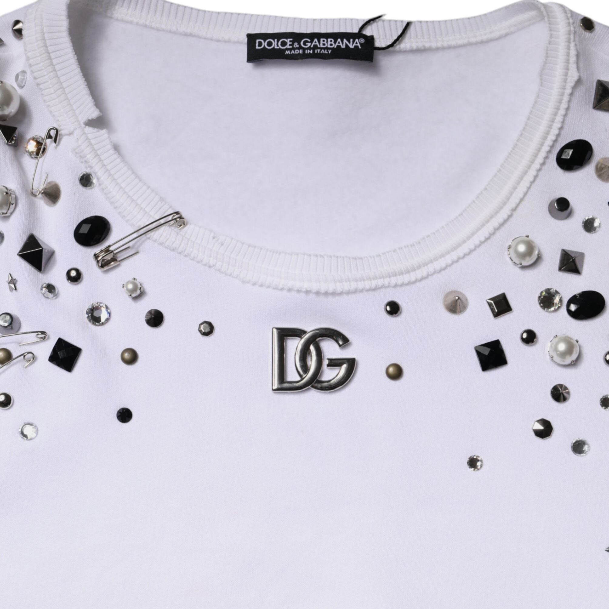 Dolce & Gabbana White Embellished Long Sleeve Cropped Sweater