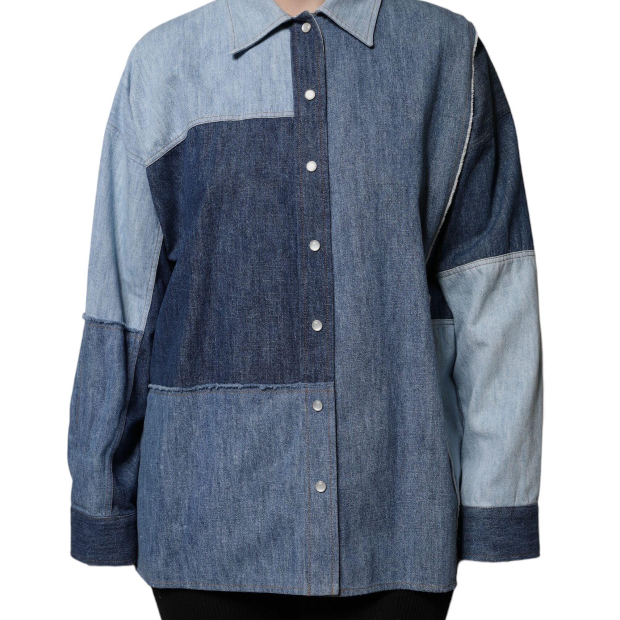 Dolce & Gabbana Blue Cotton Button Up Collared Long Sleeve Top