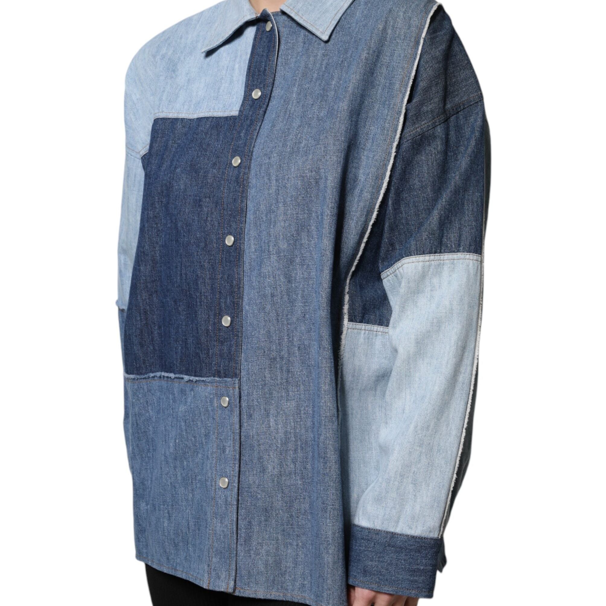 Dolce & Gabbana Blue Cotton Button Up Collared Long Sleeve Top