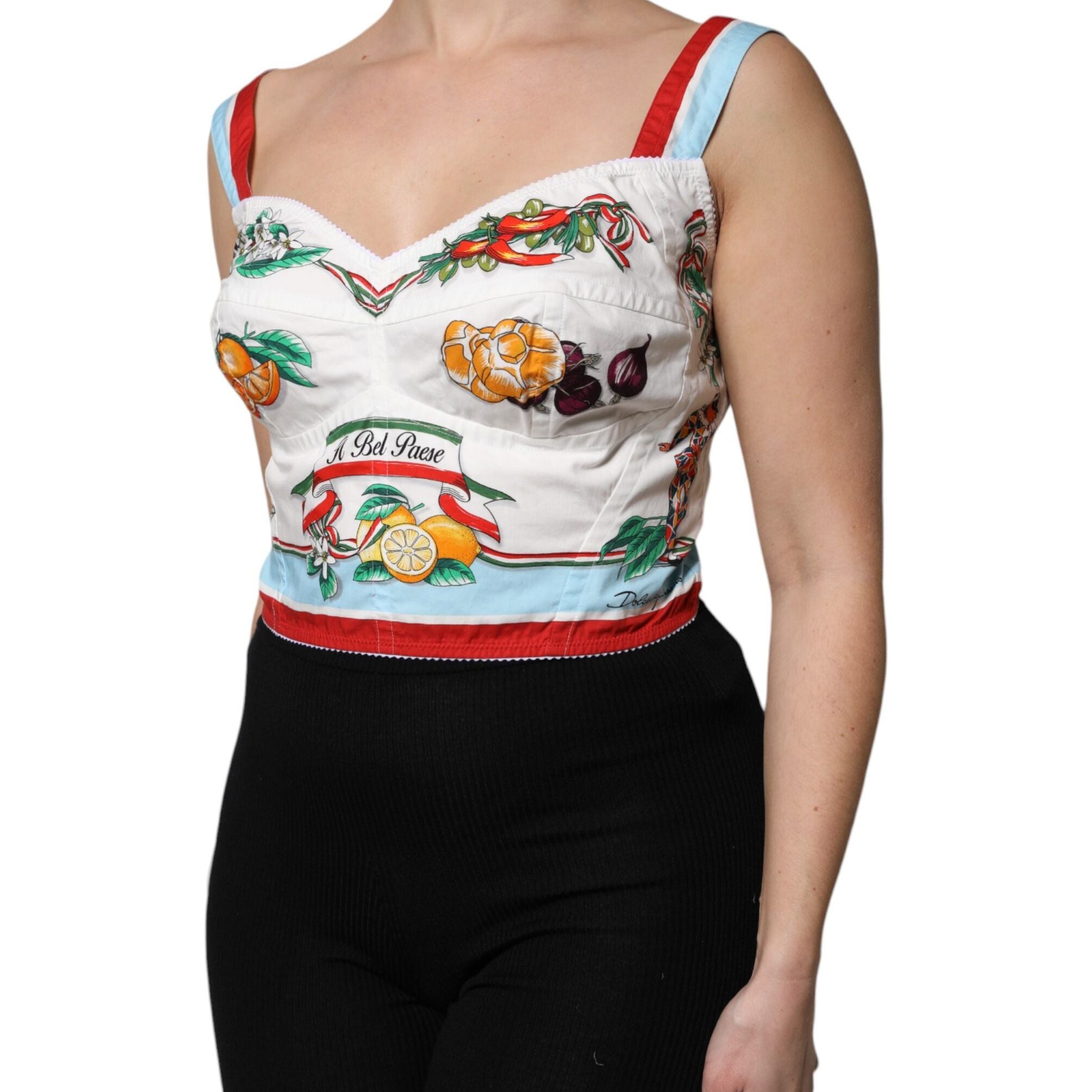 Dolce & Gabbana White Vegetable Print Sweetheart Cropped Top