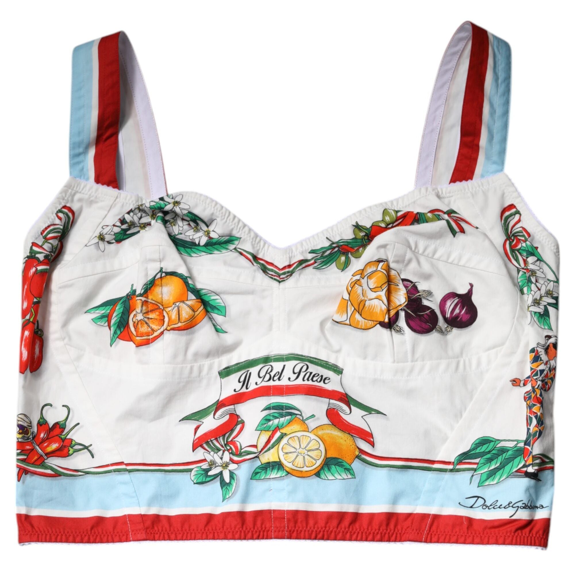 Dolce & Gabbana White Vegetable Print Sweetheart Cropped Top