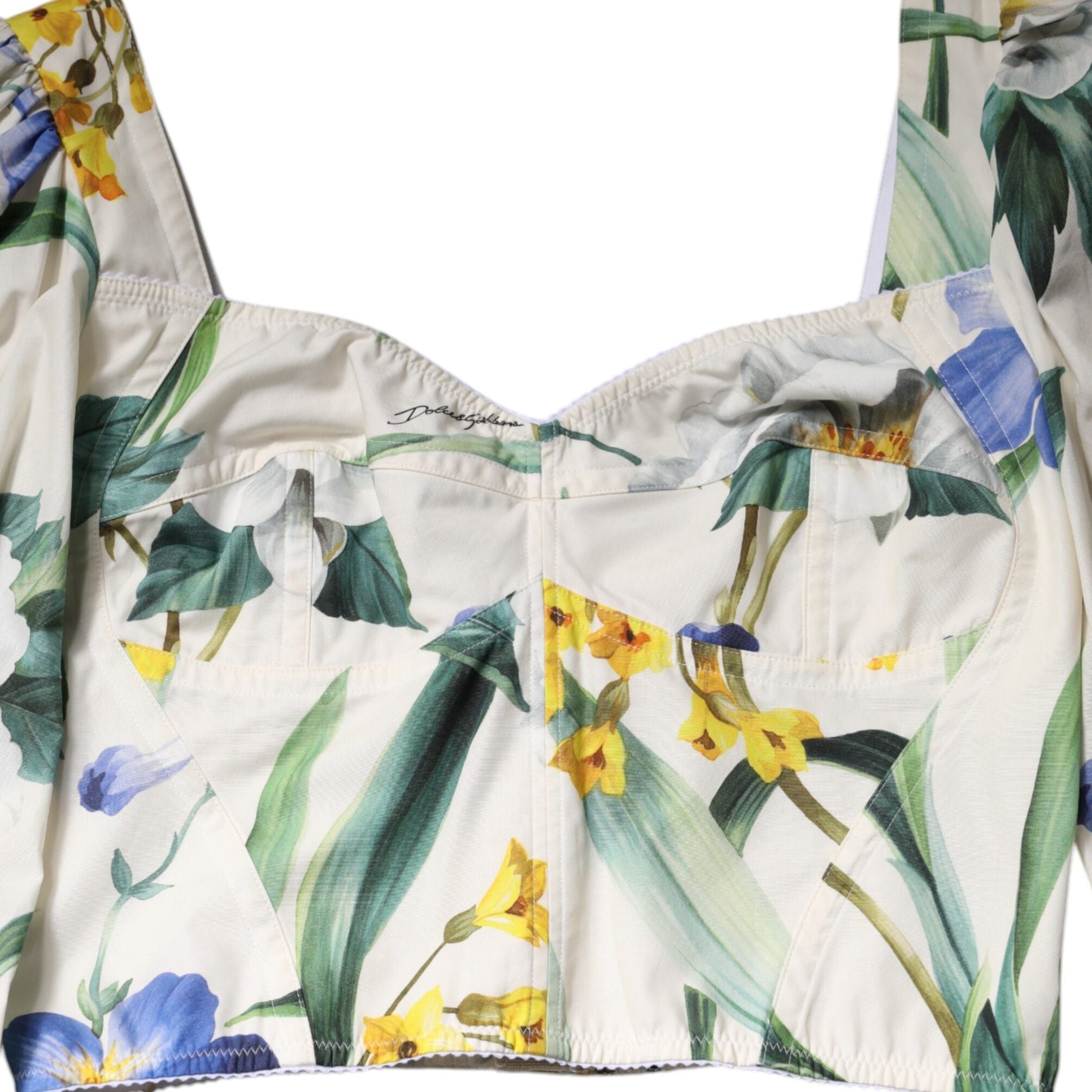 Dolce & Gabbana White Floral Puff Sleeves Crop Blouse Top