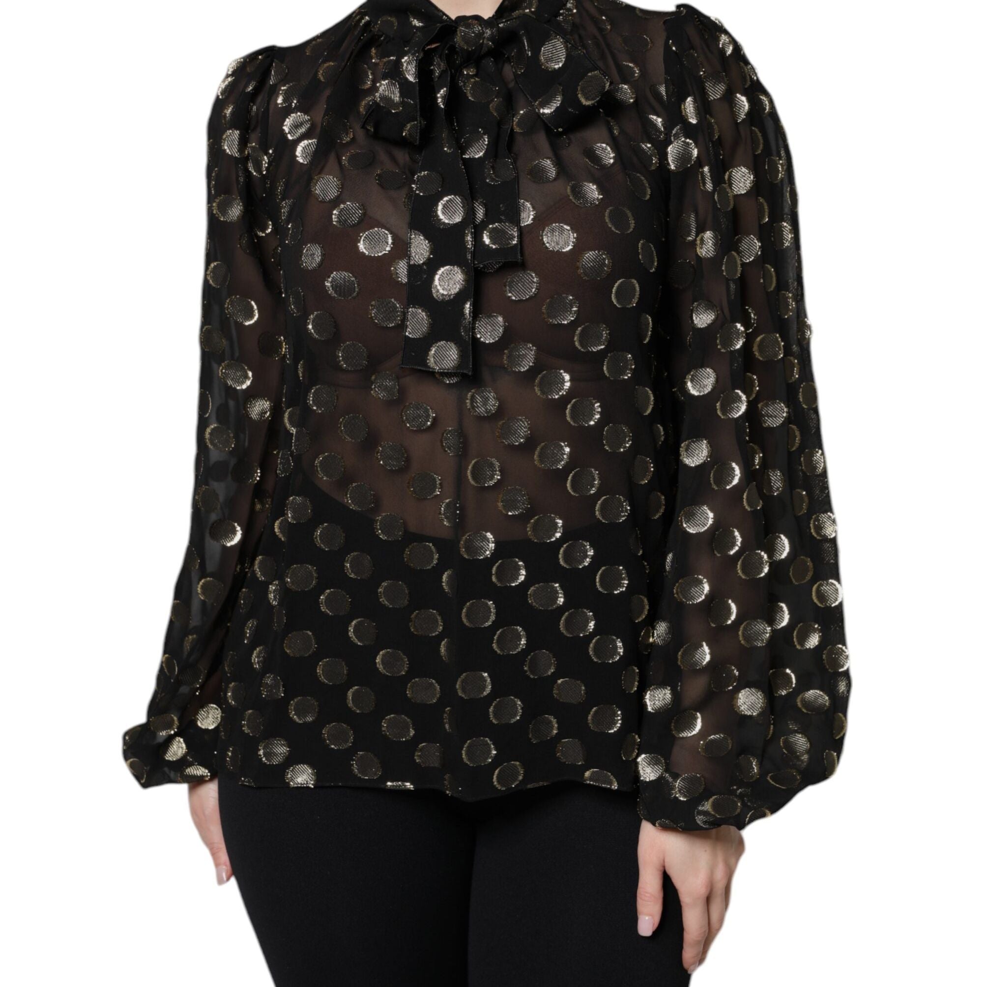 Dolce & Gabbana Black Sheer Tied Neck Polka Dots Blouse Top