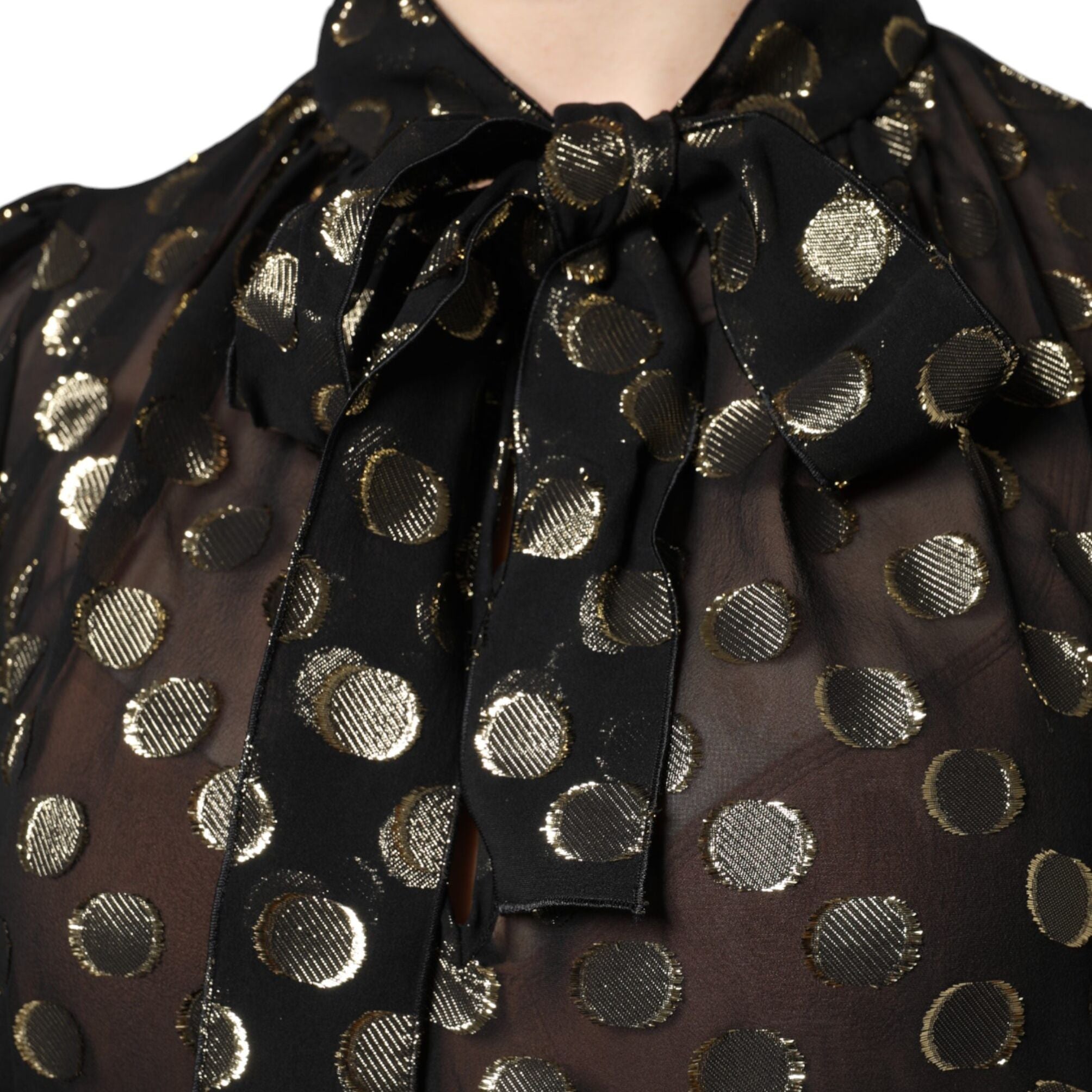 Dolce & Gabbana Black Sheer Tied Neck Polka Dots Blouse Top