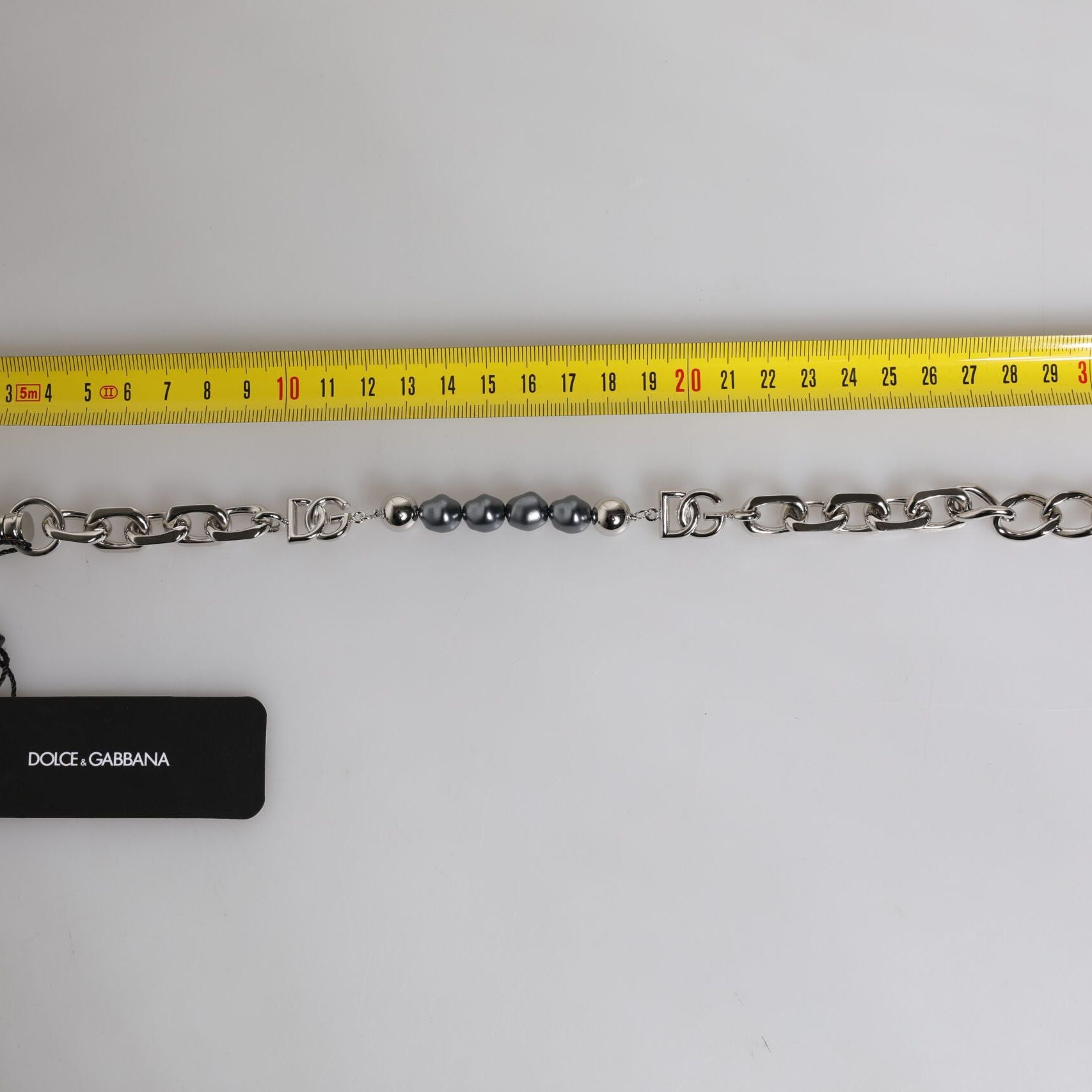 Dolce & Gabbana Silver Tone Chain Lobster Clasp Logo Gray Pearls Bracelet