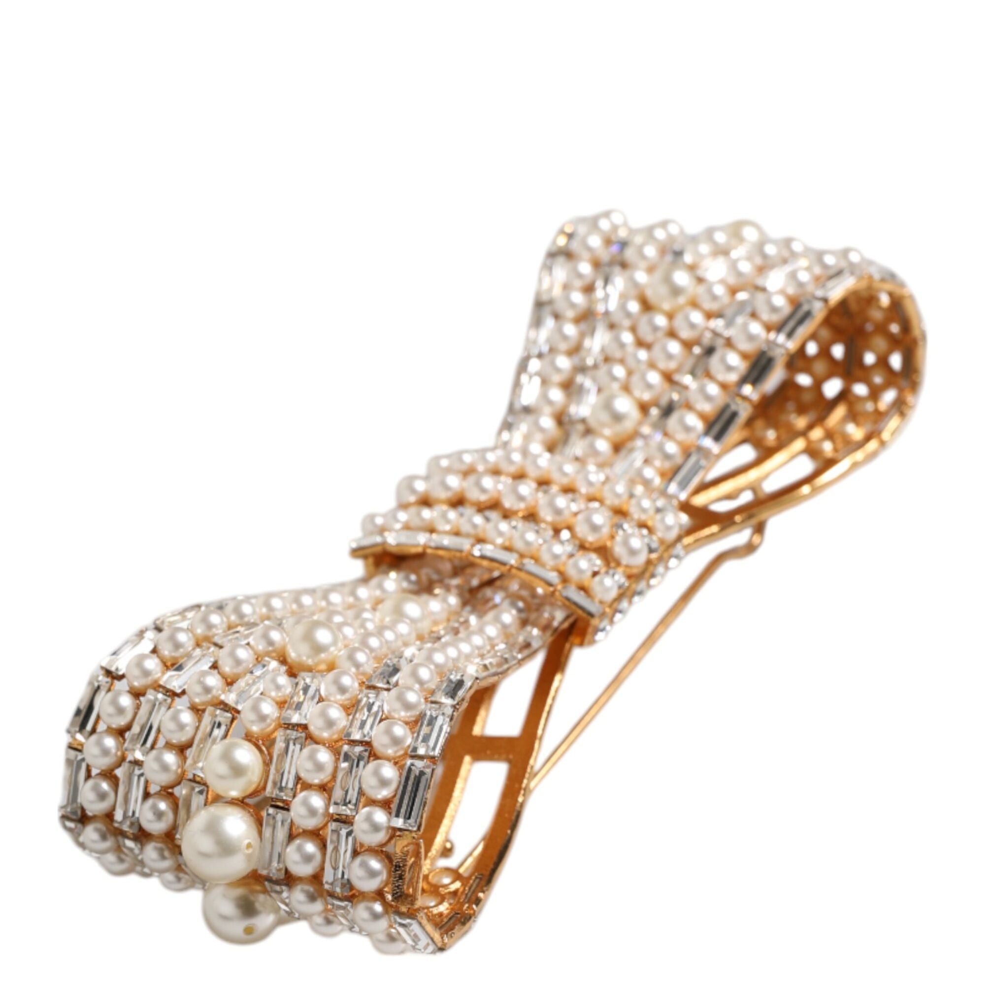 Dolce & Gabbana Gold Tone Brass Bow Crystal FauxPearl Embellished Brooch