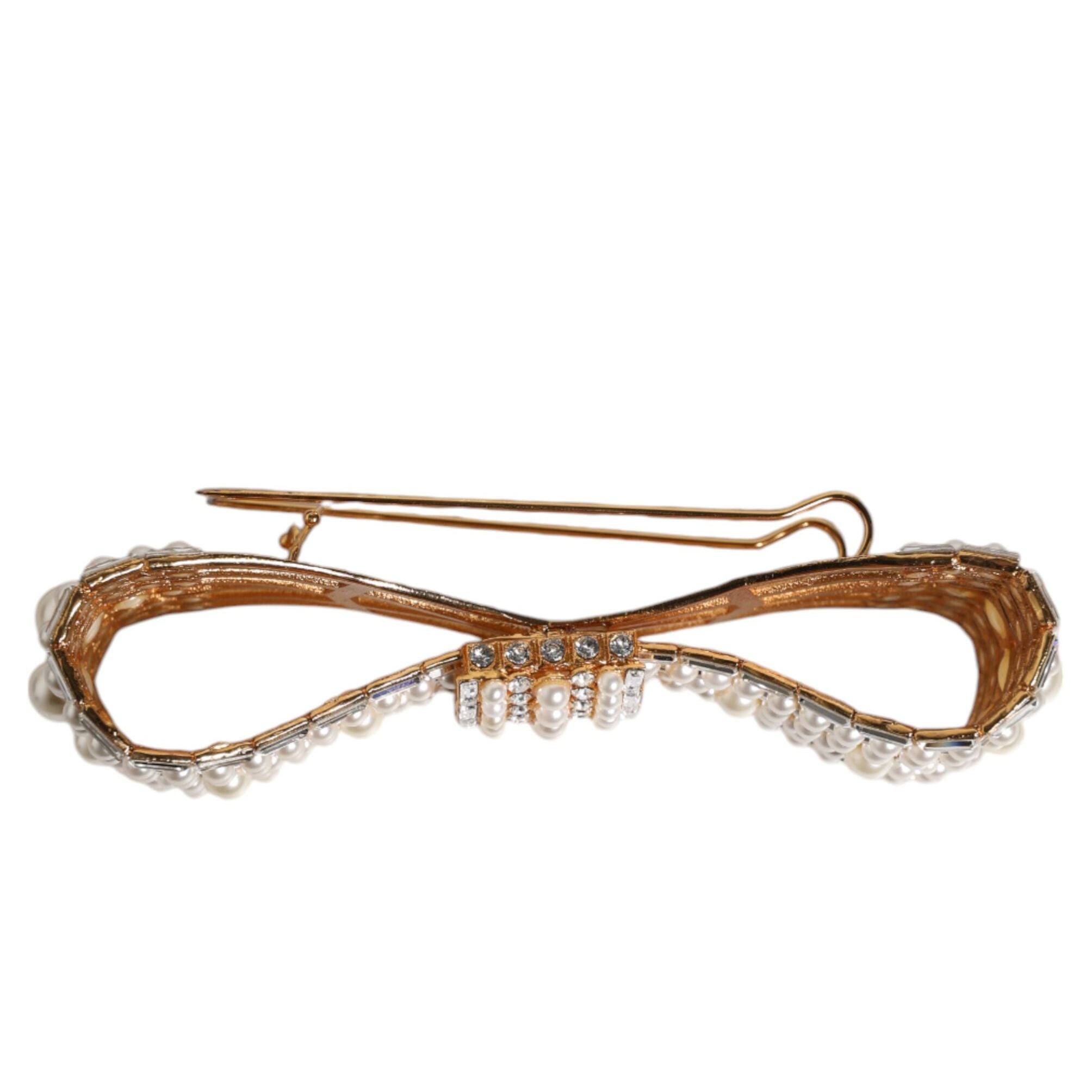 Dolce & Gabbana Gold Tone Brass Bow Crystal FauxPearl Embellished Brooch