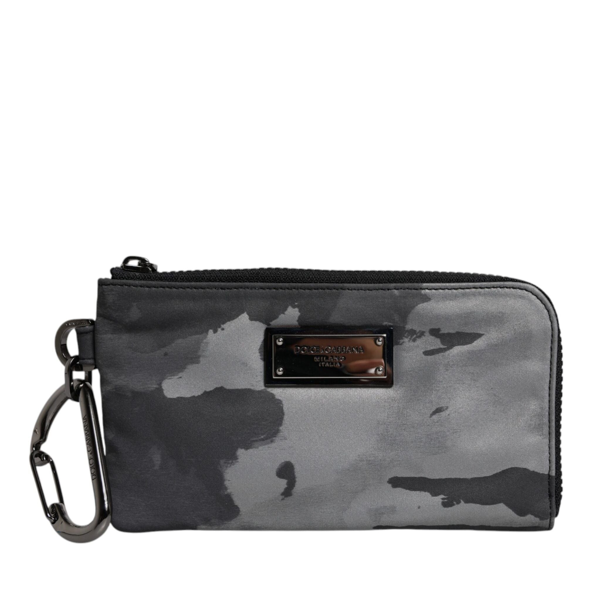 Dolce & Gabbana Black Gray Camouflage Logo Plaque Keyring Pouch Bag