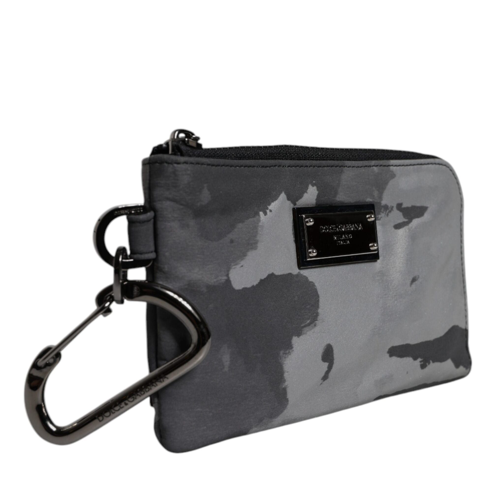 Dolce & Gabbana Black Gray Camouflage Logo Plaque Keyring Pouch Bag