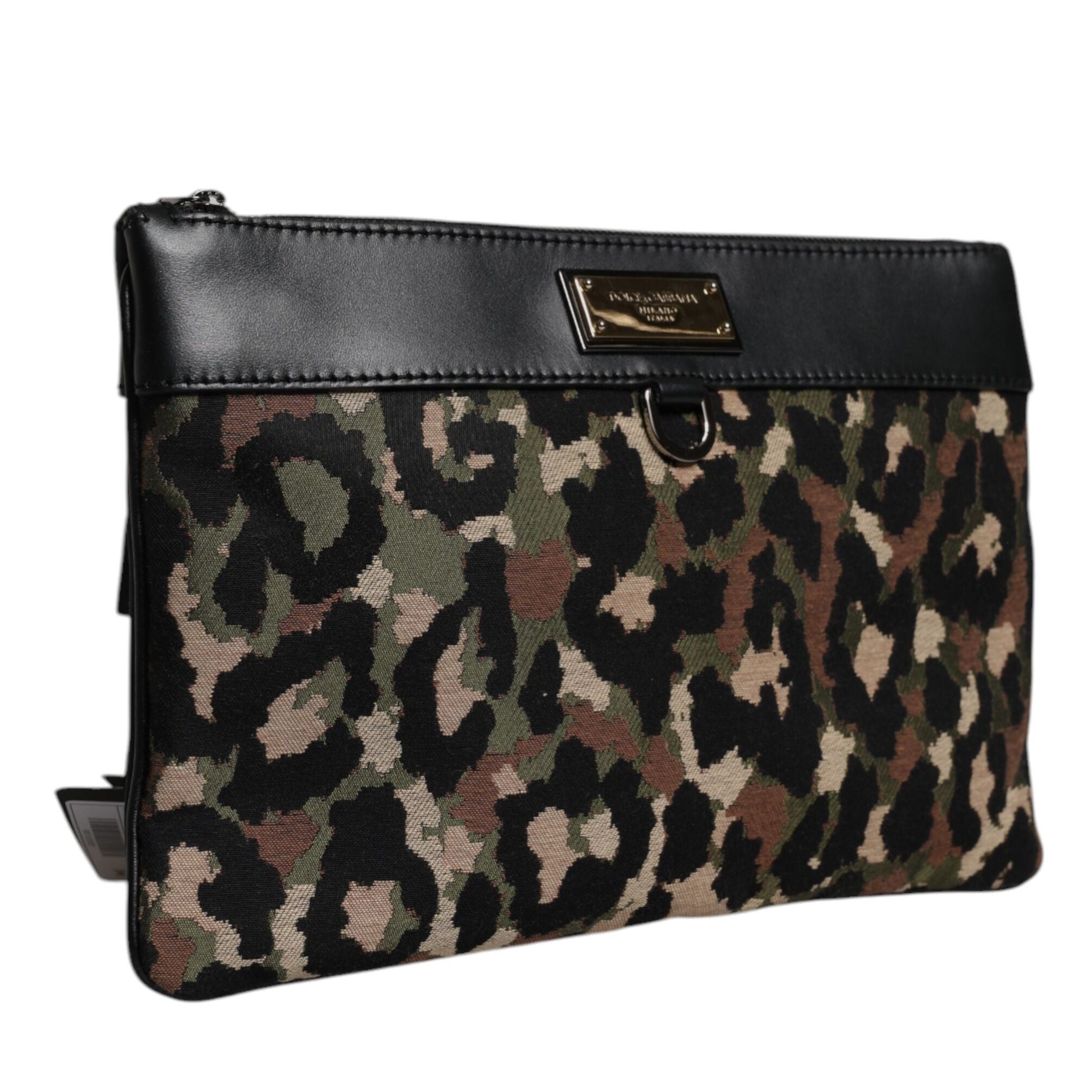 Dolce & Gabbana Multicolor Leopard Jacquard Print Logo Plaque Pouch Bag
