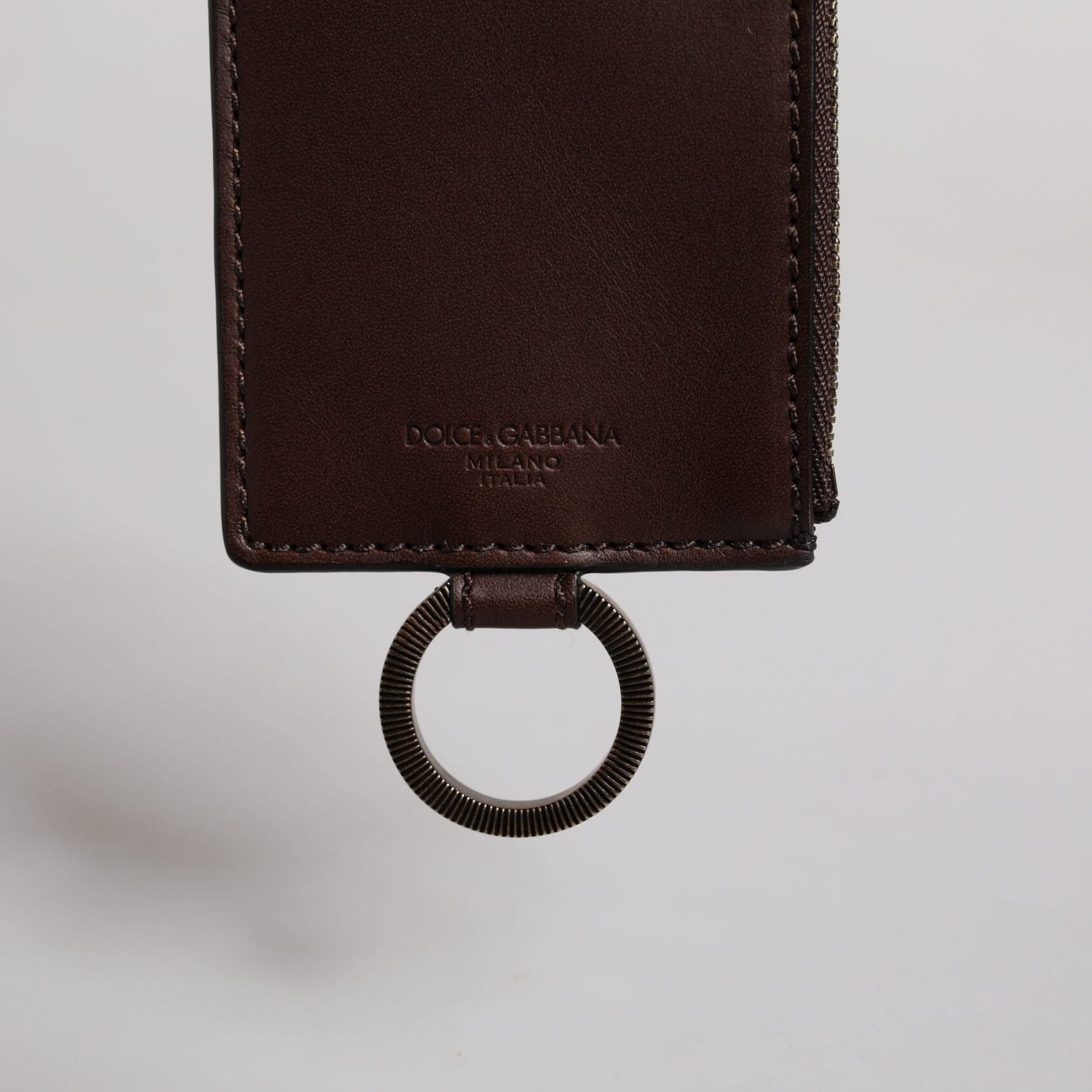 Dolce & Gabbana Brown Calf Leather Lanyard Logo Card Holder Wallet