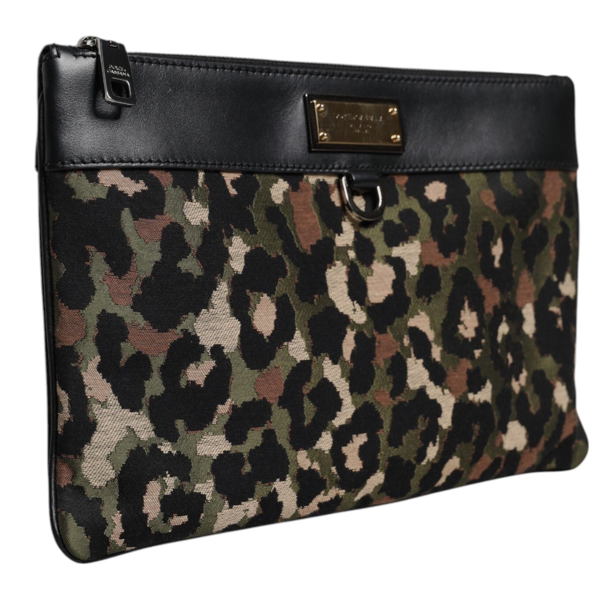 Dolce & Gabbana Multicolor Leopard Jacquard Print Logo Plaque Pouch Bag