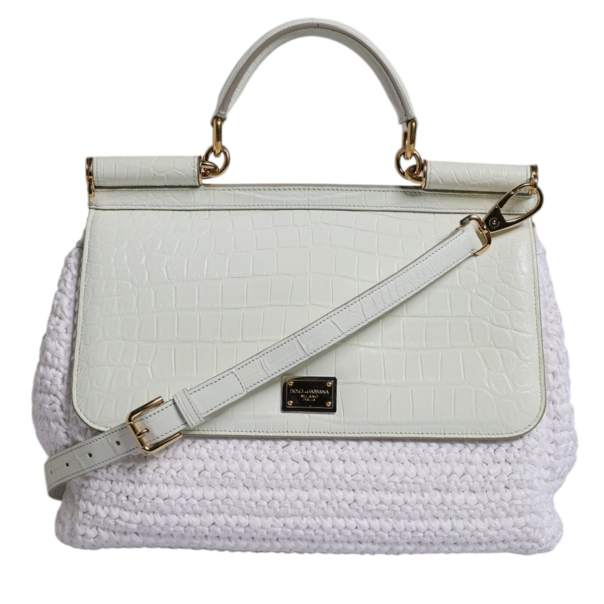 Dolce & Gabbana White Rafia Leather Top Handle Crossbody Bag