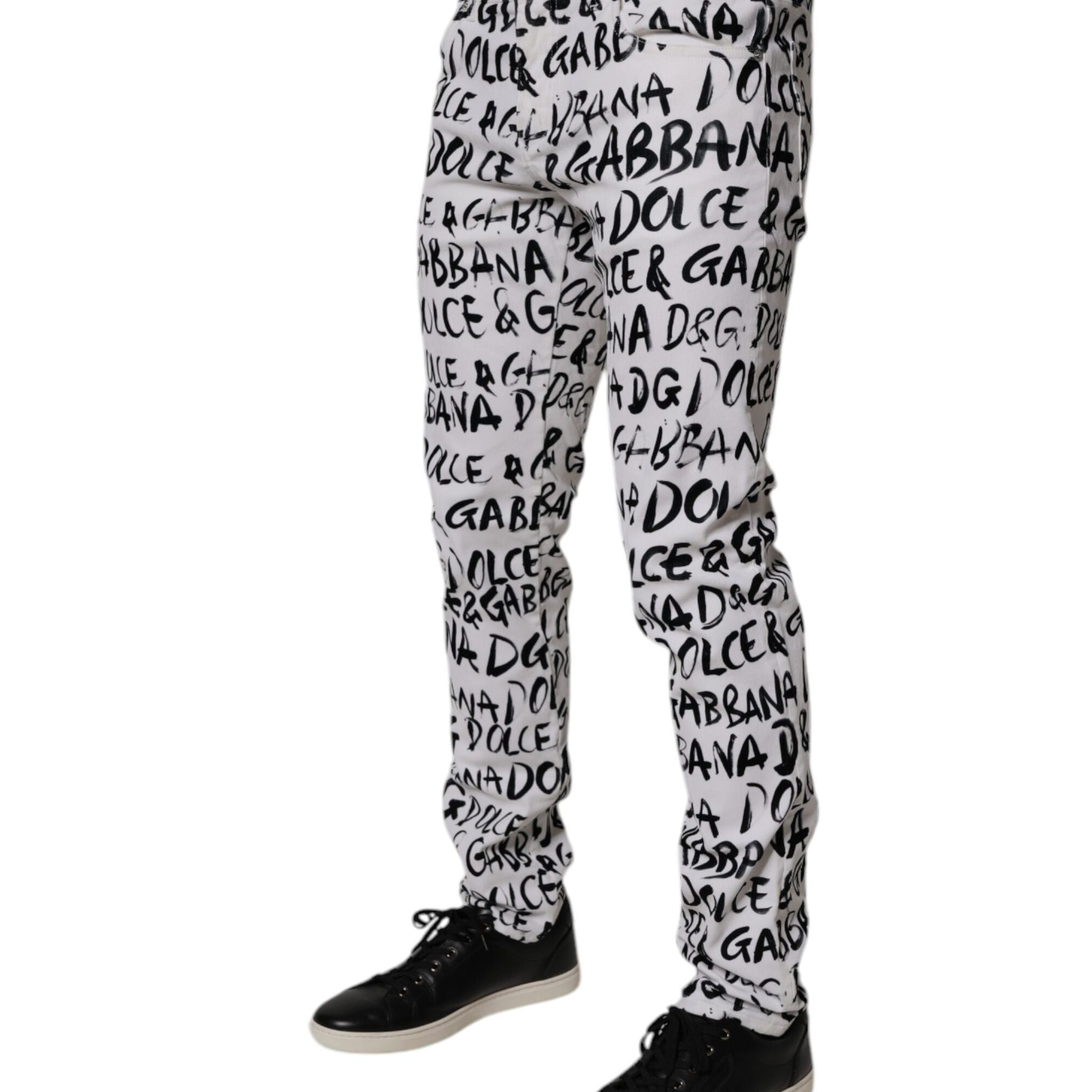 Dolce & Gabbana White Cotton Logo Print Skinny Denim Jeans
