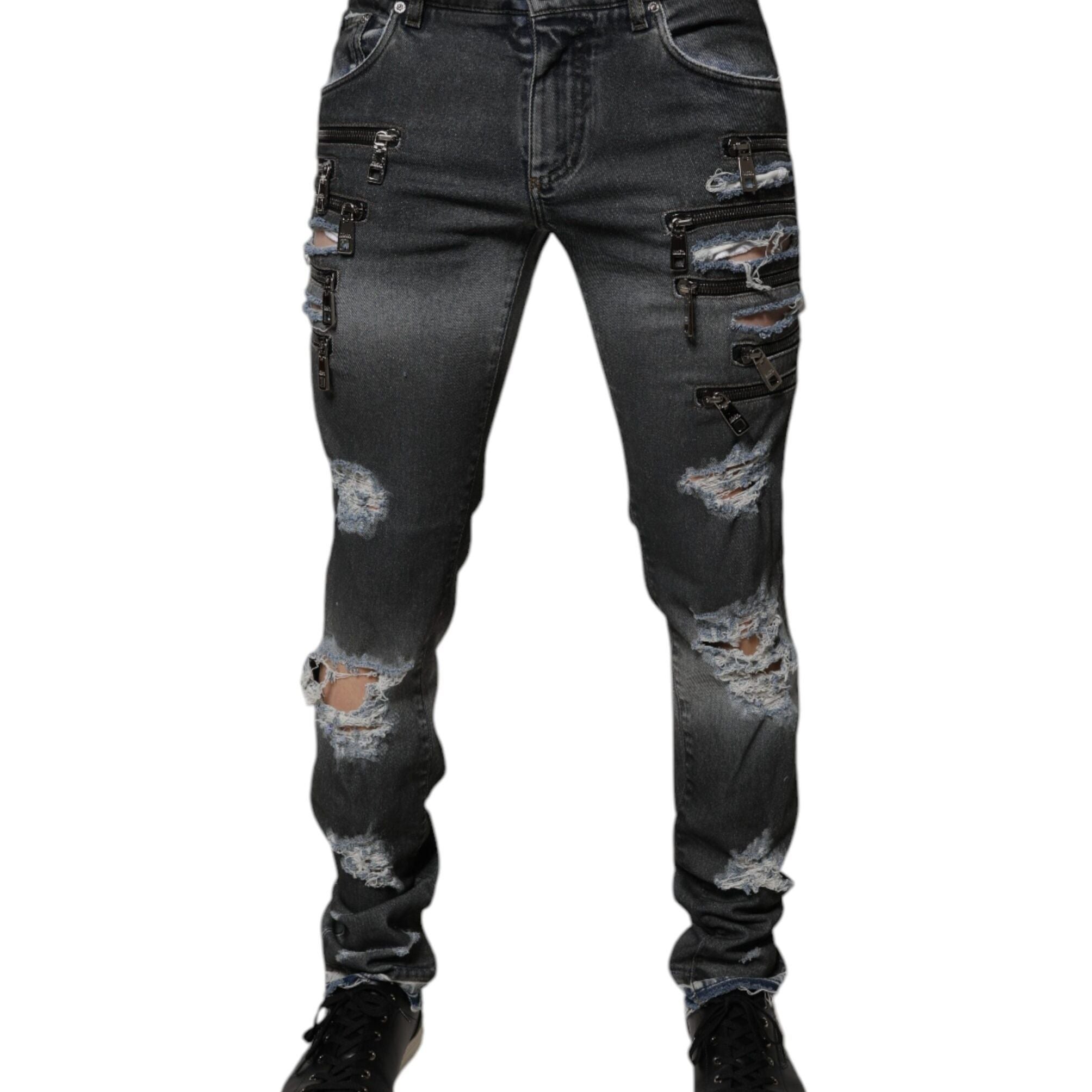 Dolce & Gabbana Dark Gray Tattered Cotton Skinny Denim Jeans
