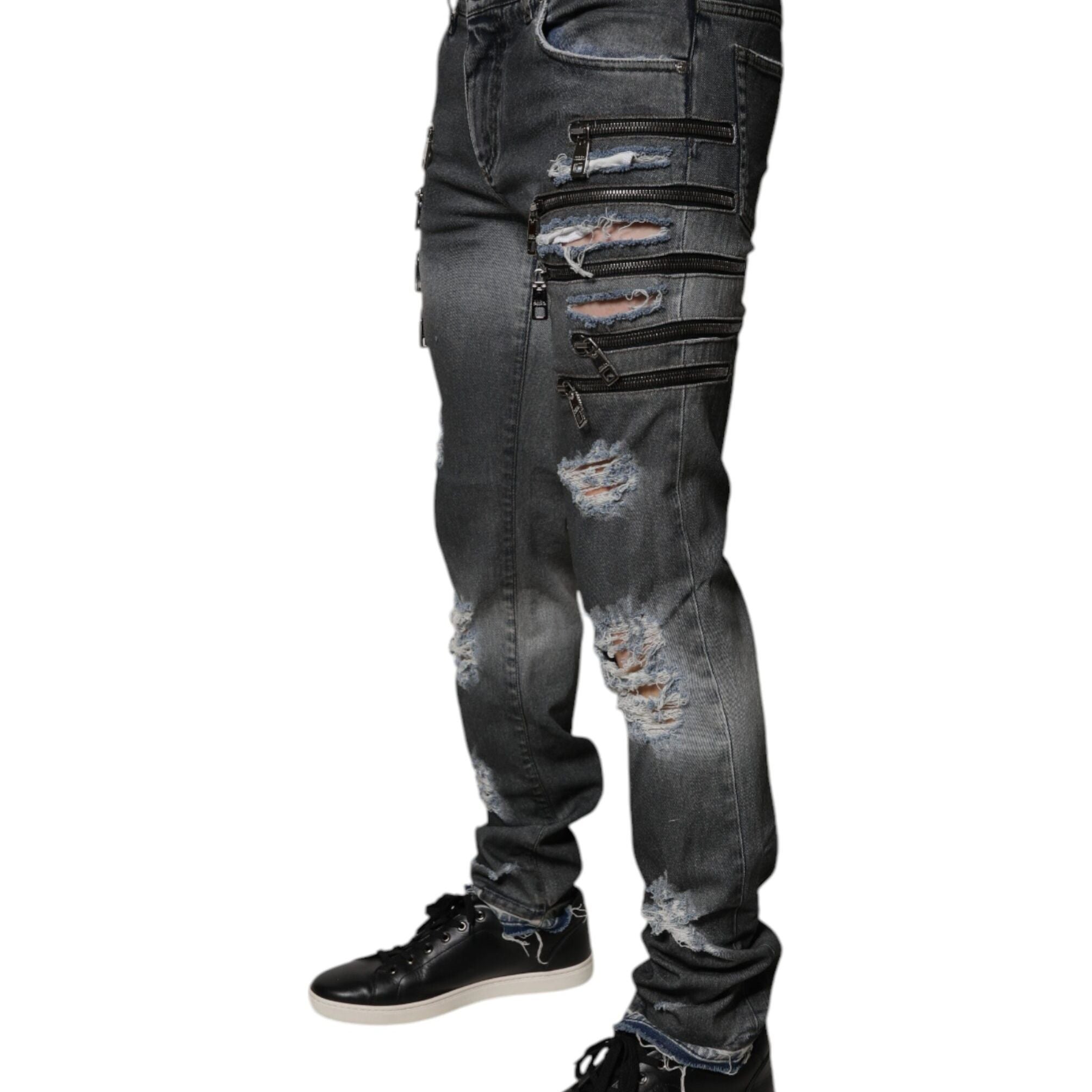 Dolce & Gabbana Dark Gray Tattered Cotton Skinny Denim Jeans