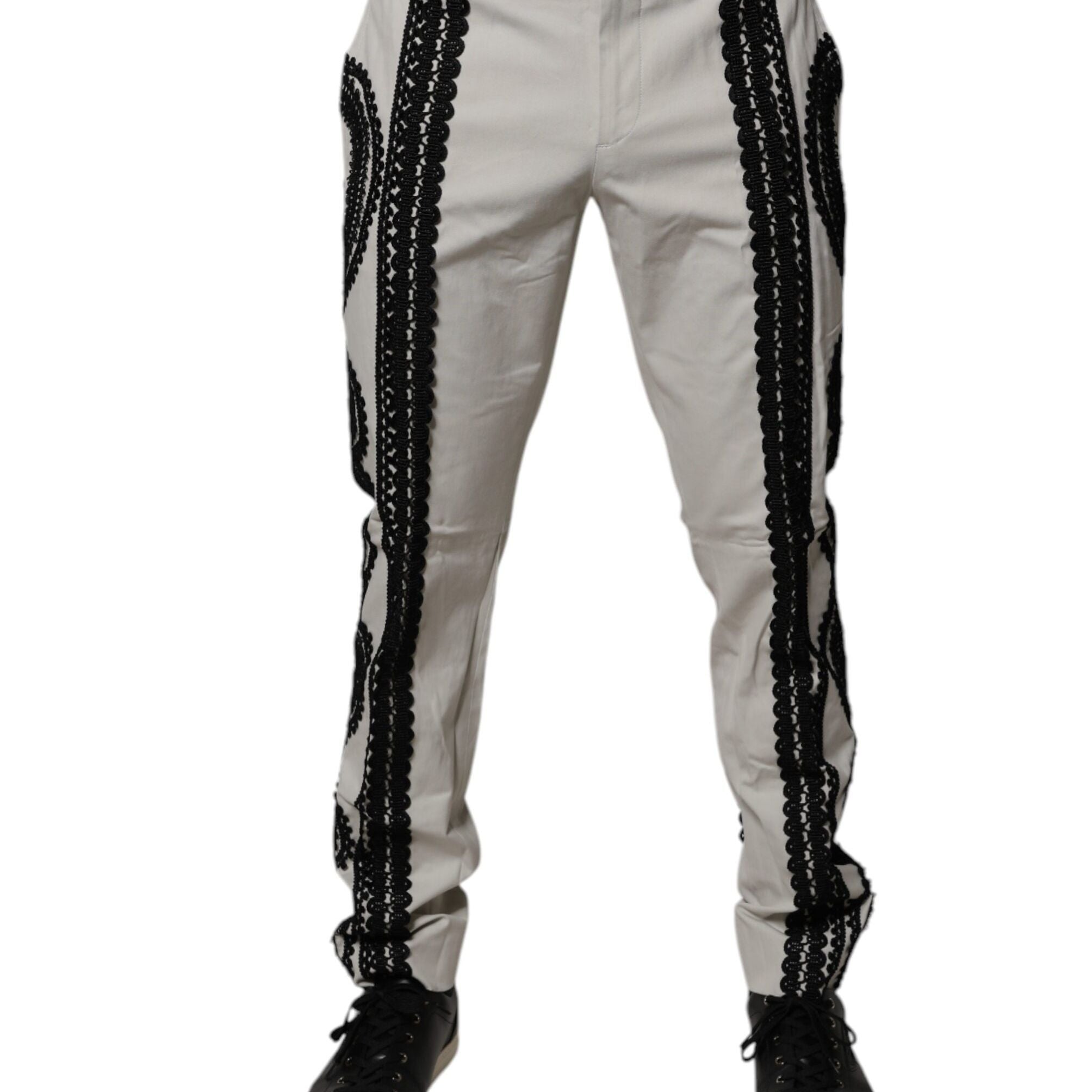Dolce & Gabbana White Lace Trim Mid Waist Dress Formal Pants