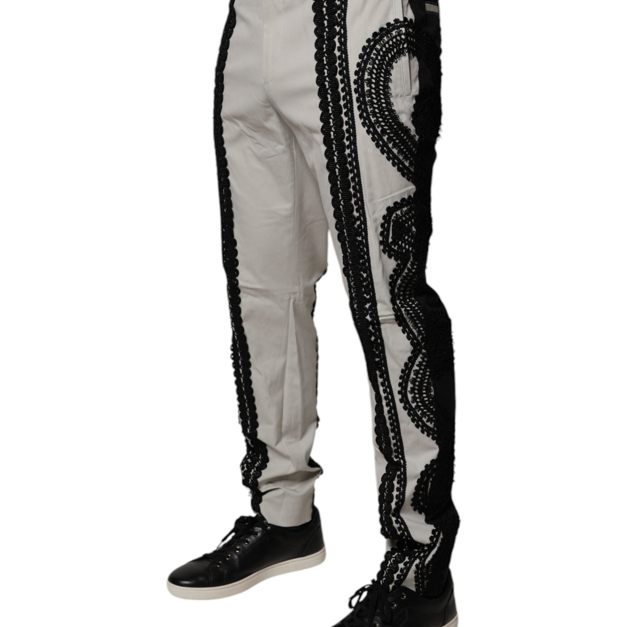 Dolce & Gabbana White Lace Trim Mid Waist Dress Formal Pants