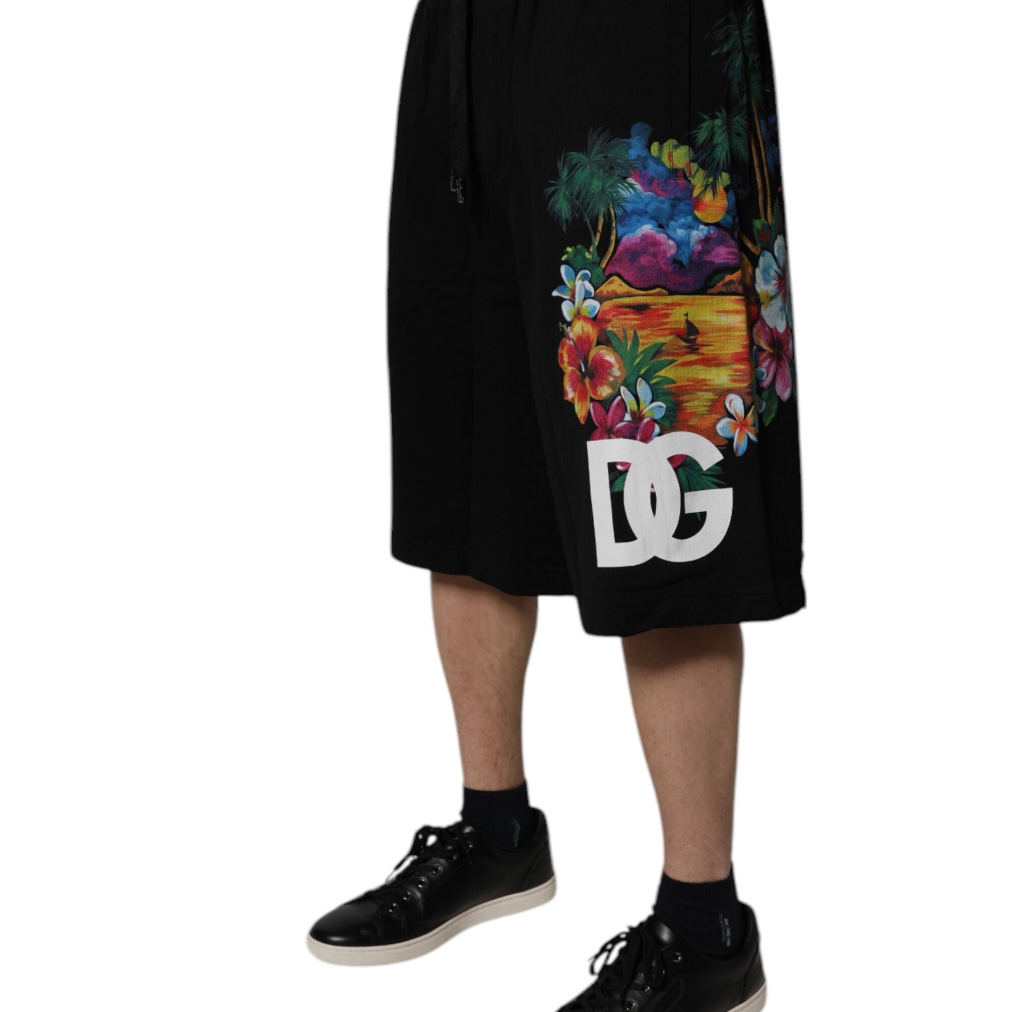 Dolce & Gabbana Black Cotton Logo Floral Print Bermuda Shorts