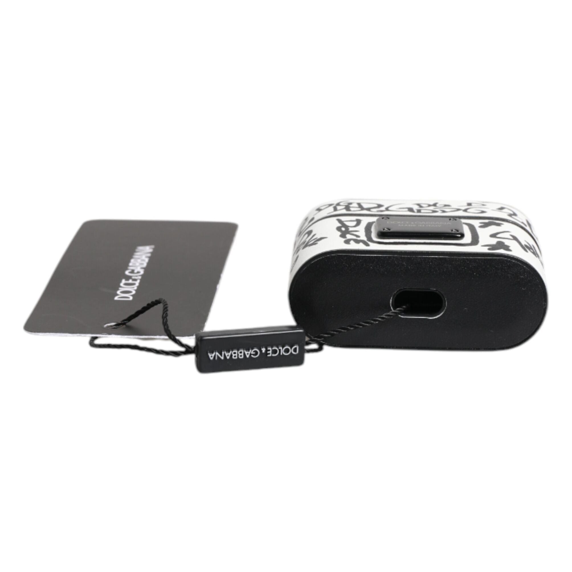 Dolce & Gabbana Black White Leather Scribble Embossed Logo Airpods Case