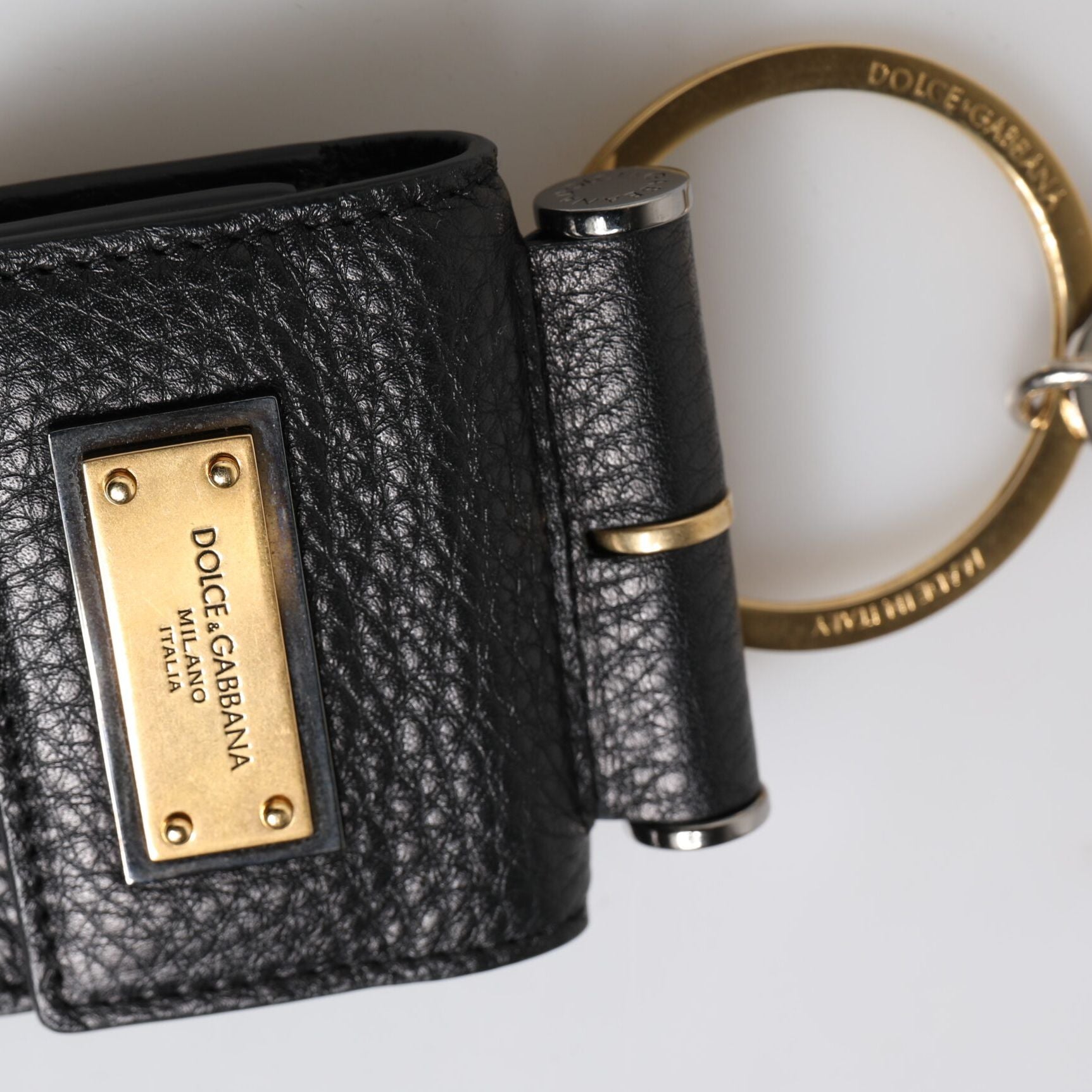 Dolce & Gabbana Black Leather Strap Gold Metal Logo Plaque Airpods Case