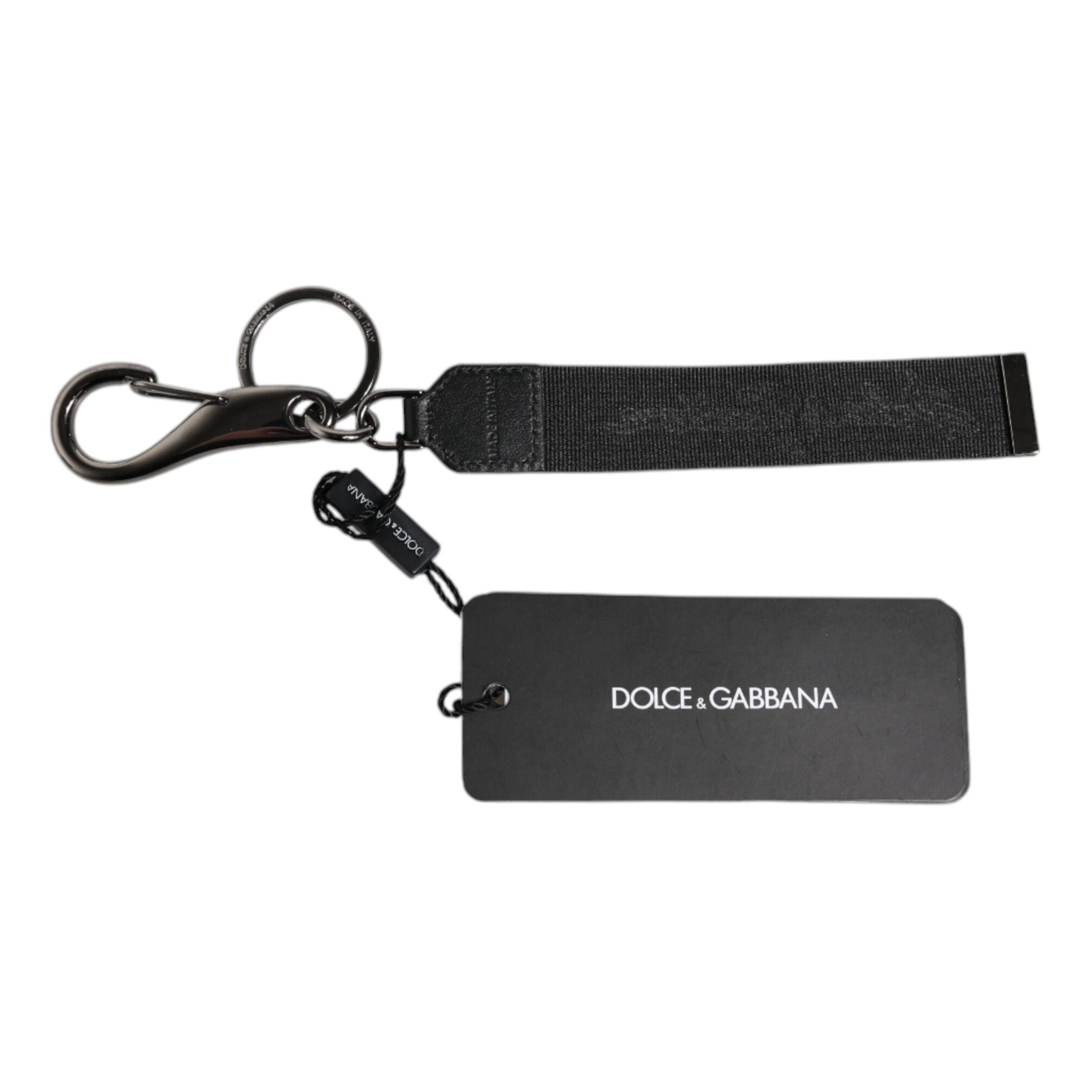 Dolce & Gabbana Black Logo Nylon Silver Brass Men Holder Keychain Keyring