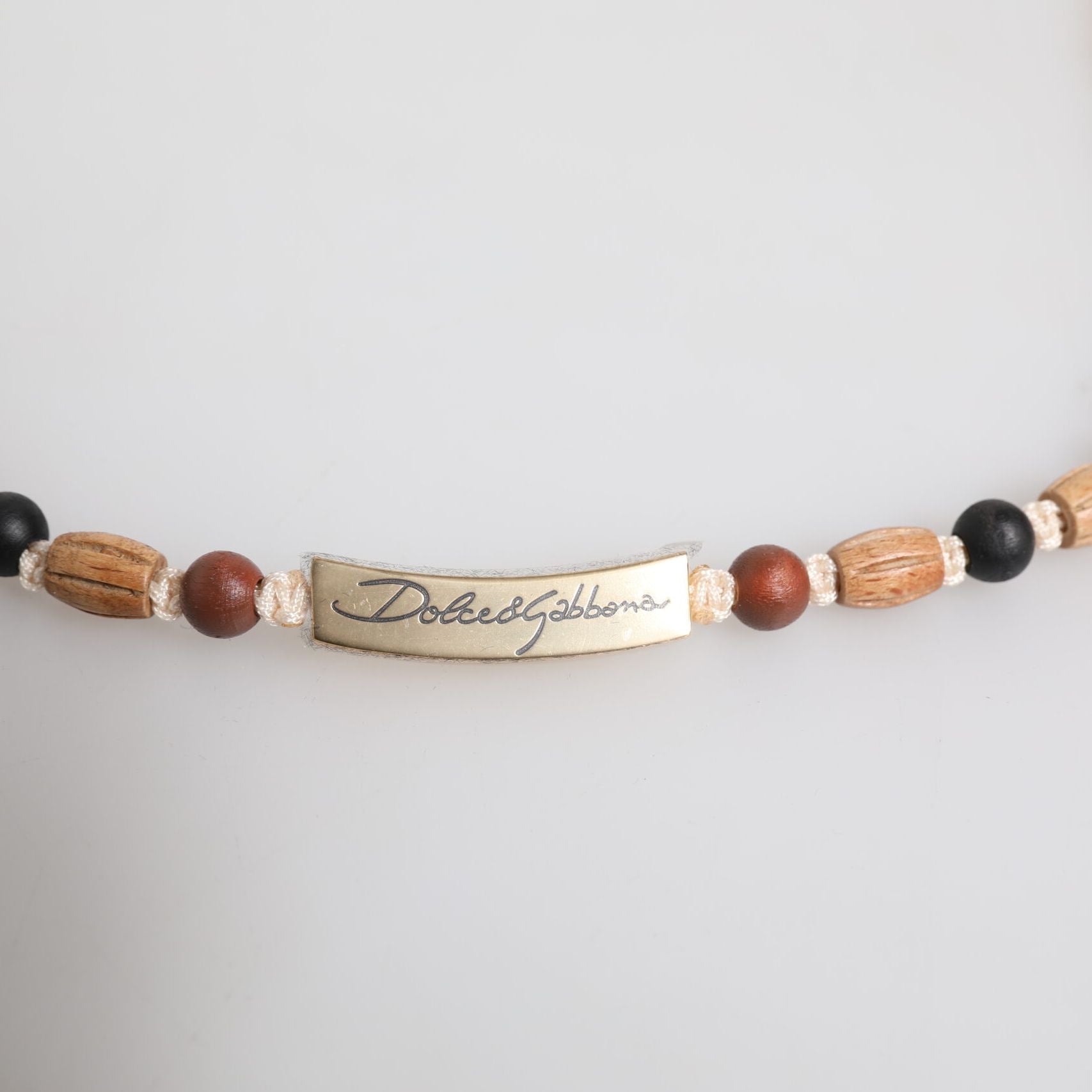 Dolce & Gabbana Black Gold Wooden Beaded Logo Pendant Necklace