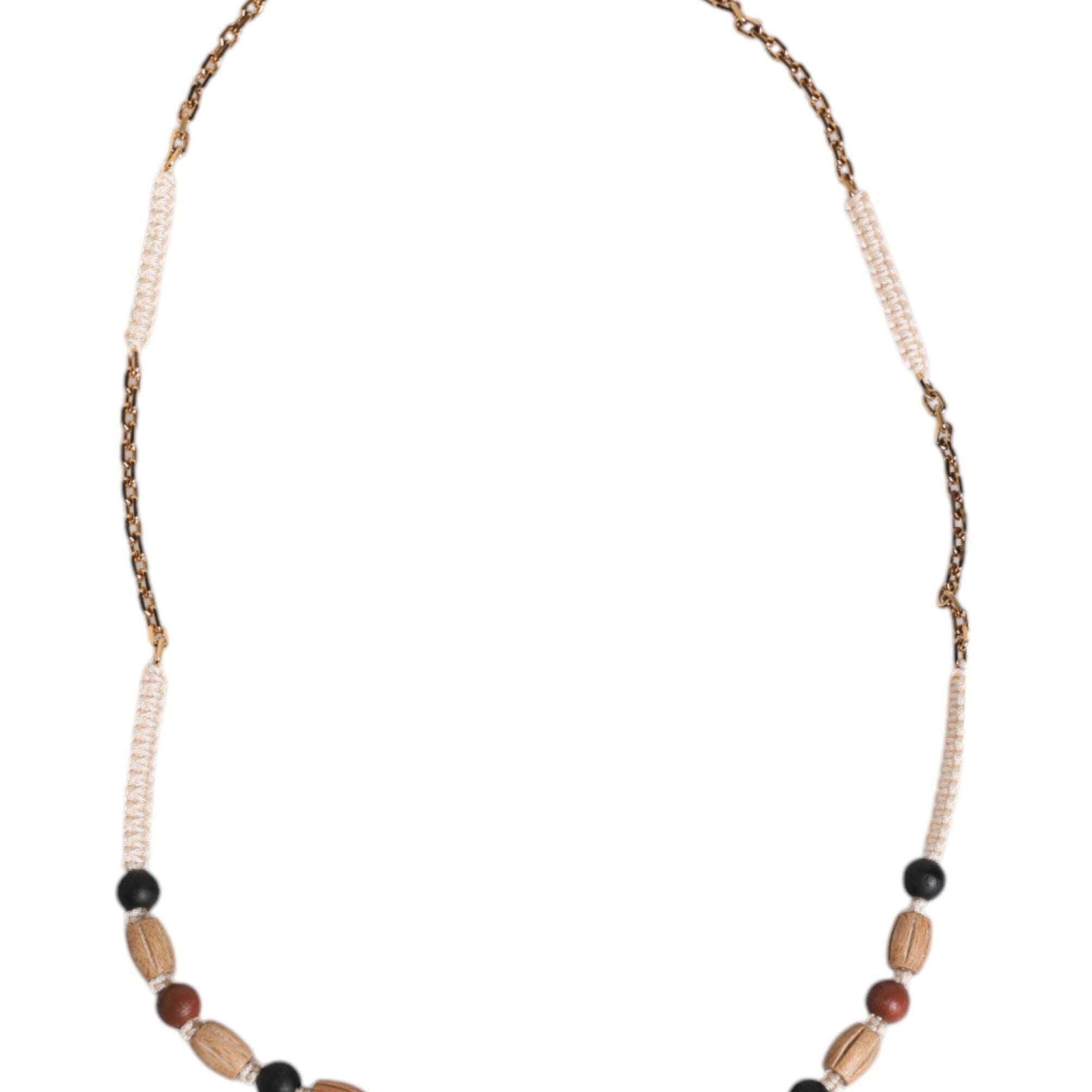 Dolce & Gabbana Black Gold Wooden Beaded Logo Pendant Necklace