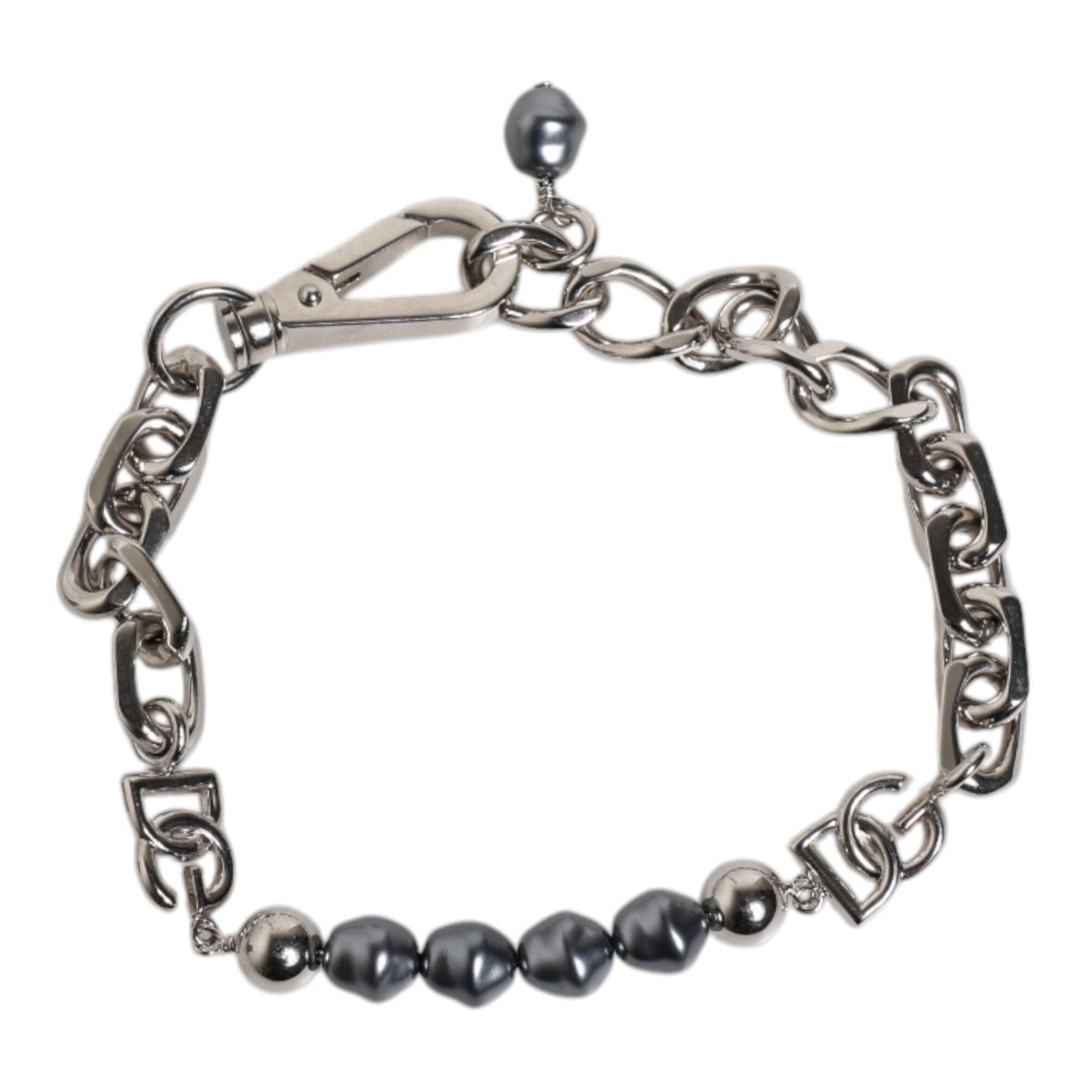 Dolce & Gabbana Silver Tone Chain Lobster Clasp Logo Gray Pearls Bracelet
