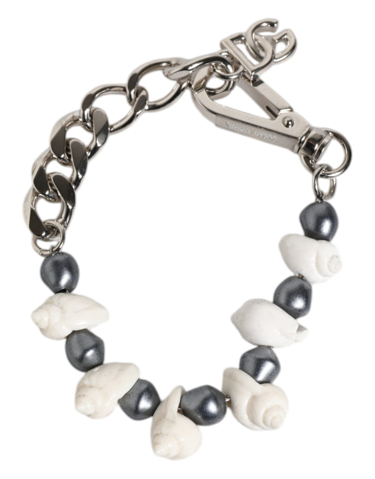 Dolce & Gabbana Silver Tone Brass Beaded Shell DG Logo Pendant Bracelet