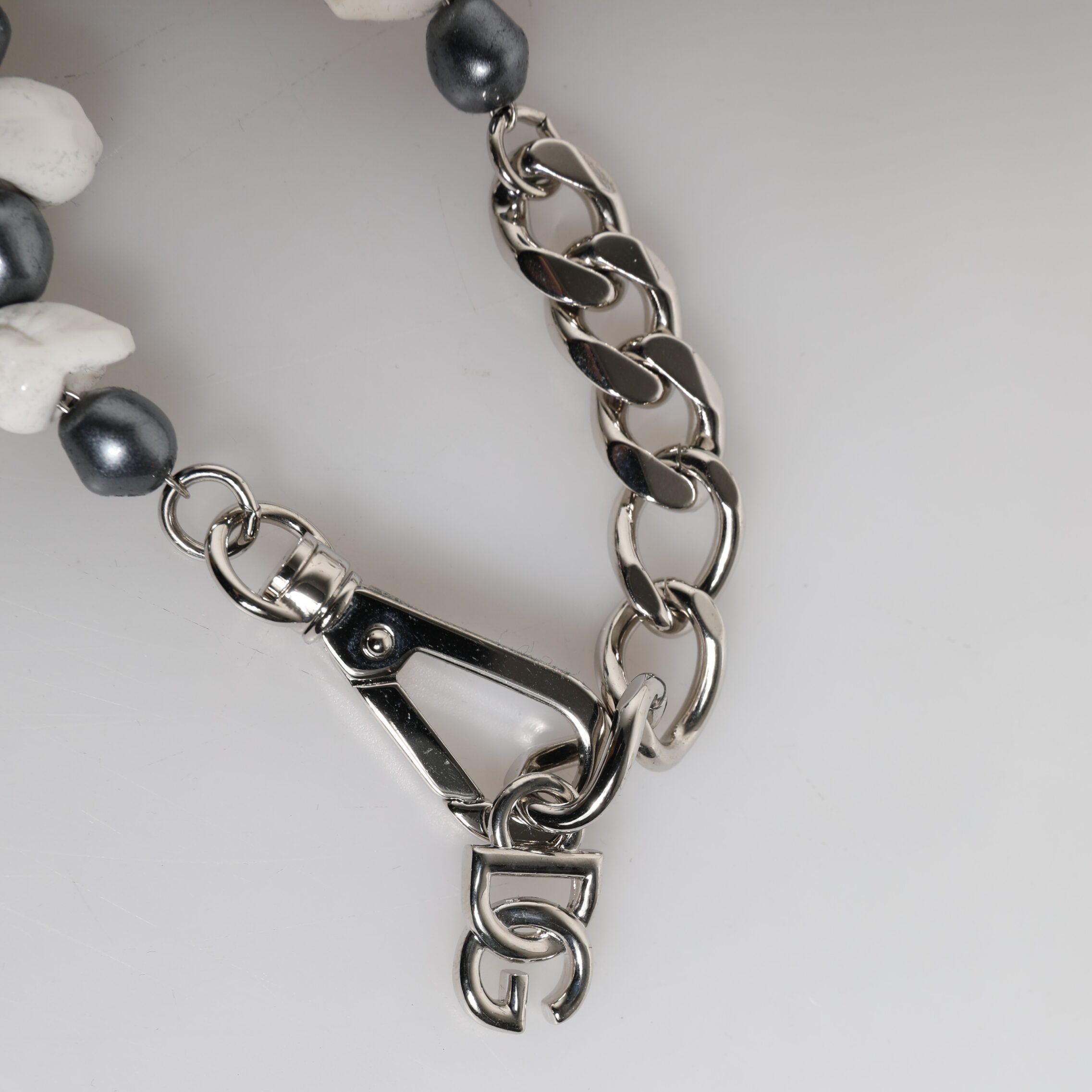 Dolce & Gabbana Silver Tone Brass Beaded Shell DG Logo Pendant Bracelet