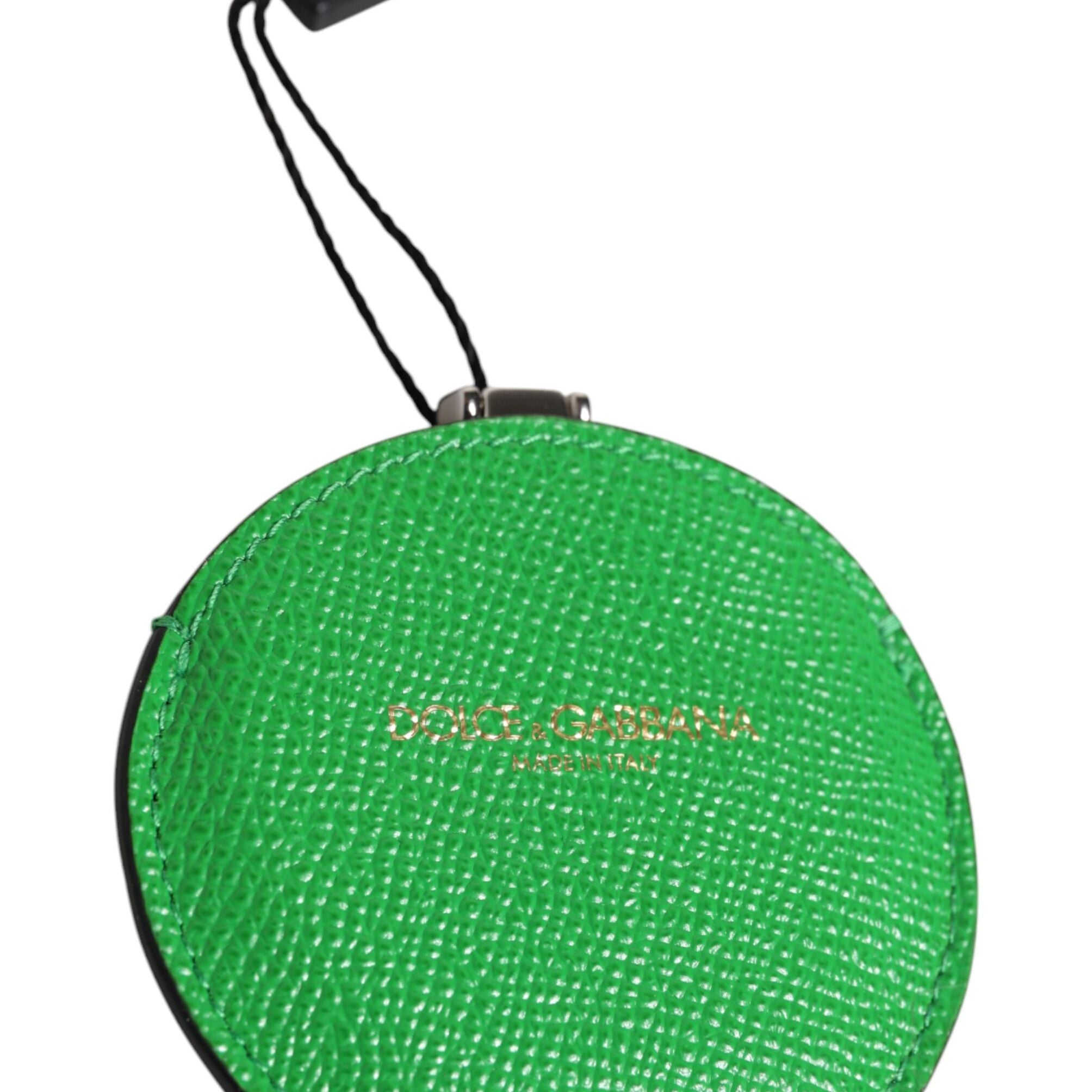 Dolce & Gabbana Green Calfskin Leather Round Logo Hand Mirror Holder