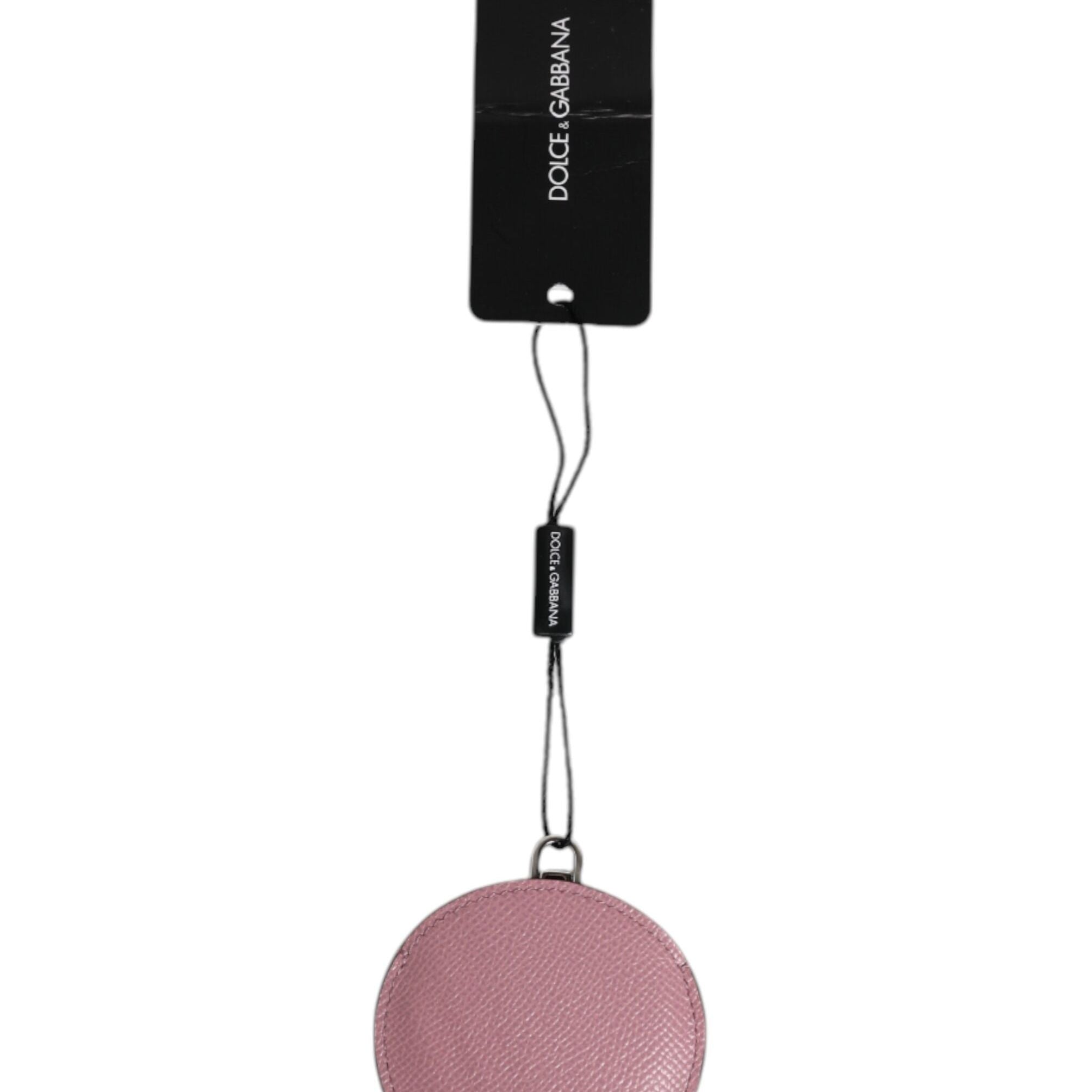 Dolce & Gabbana Pink Calfskin Leather Round Logo Hand Mirror Holder