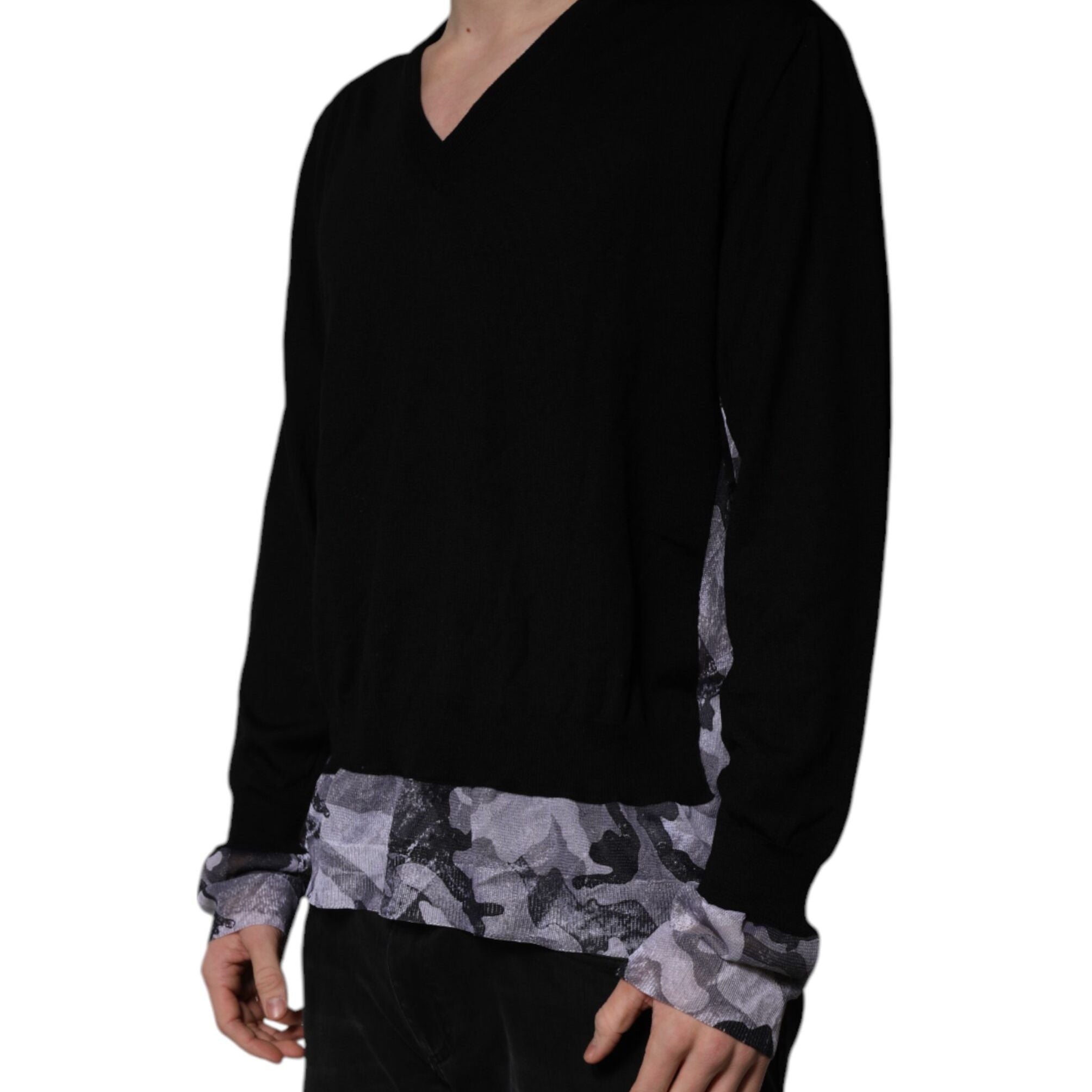 Dolce & Gabbana Black Camouflage V-neck Pullover Sweater